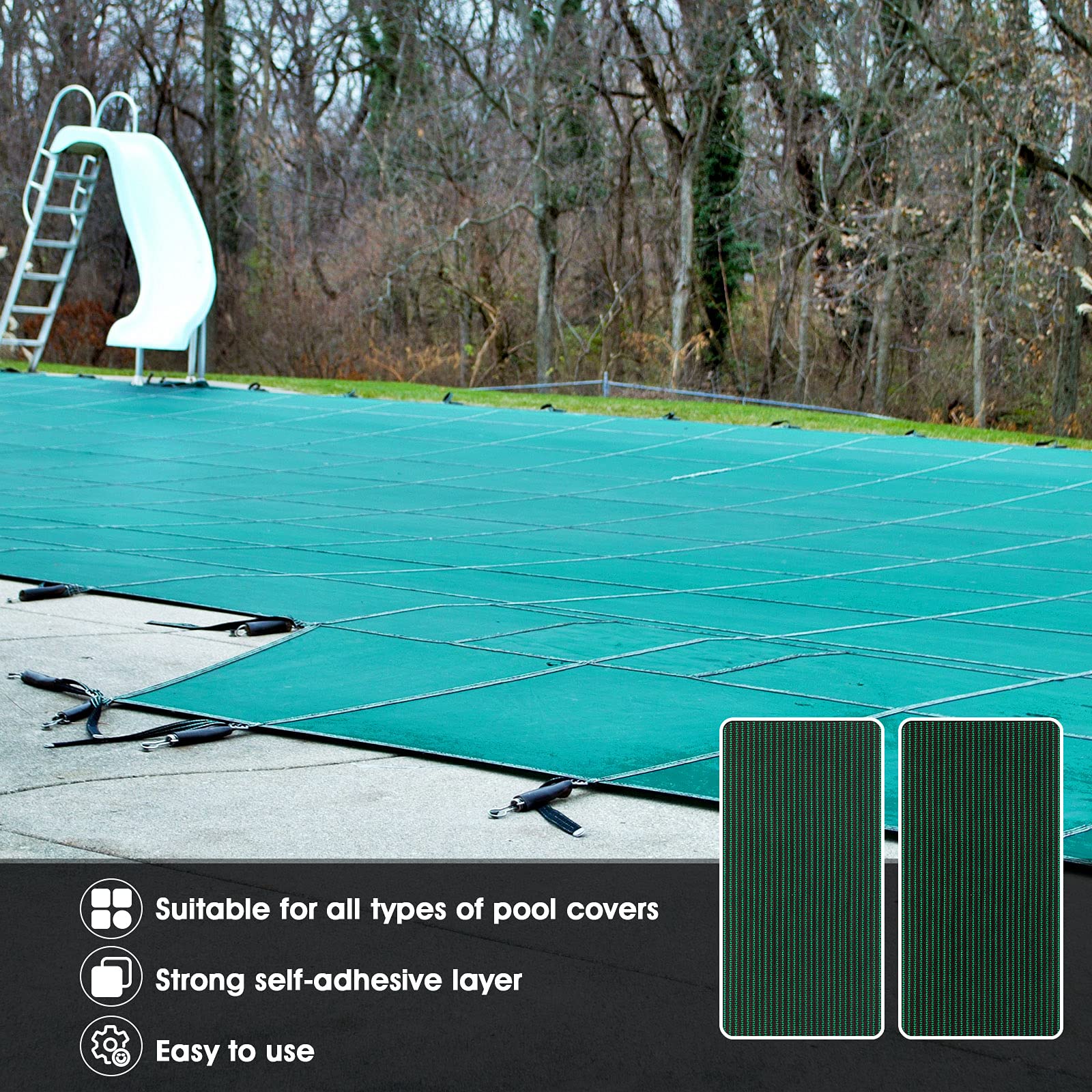 Honoson 4-Piece Self-Adhesive Pool Safety Cover Repair Kit - Green Mesh Patch (4x8 Inch) for Swimming Pool Covers | Quick Fix for Tears & Holes | Ideal for Inground & Above Ground Pools