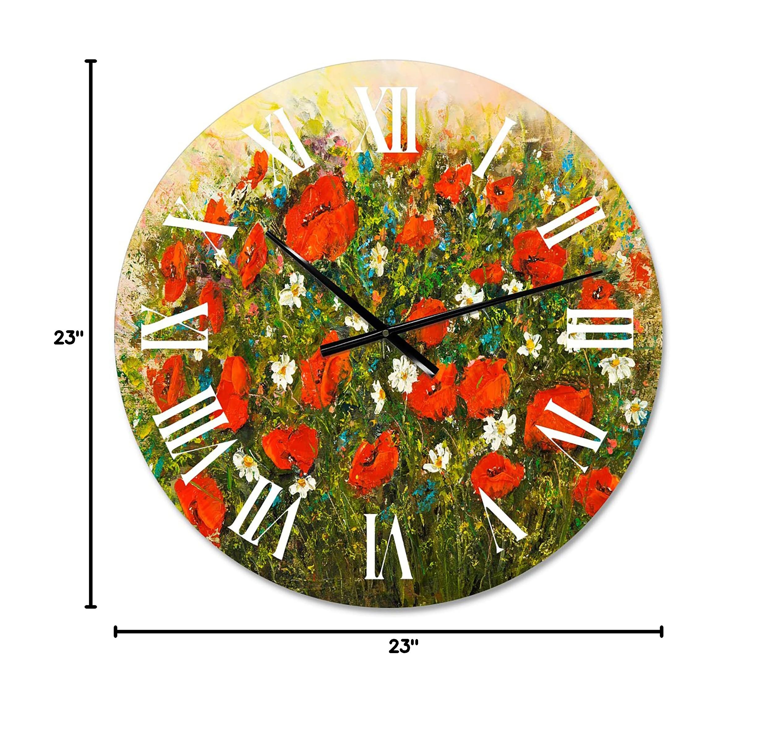 Large Floral Wall Clock - 'Red Wildflowers in The Fields' Traditional Decorative Clock for Living Room, Bedroom & Office | Perfect for Home Decor & Gift Giving