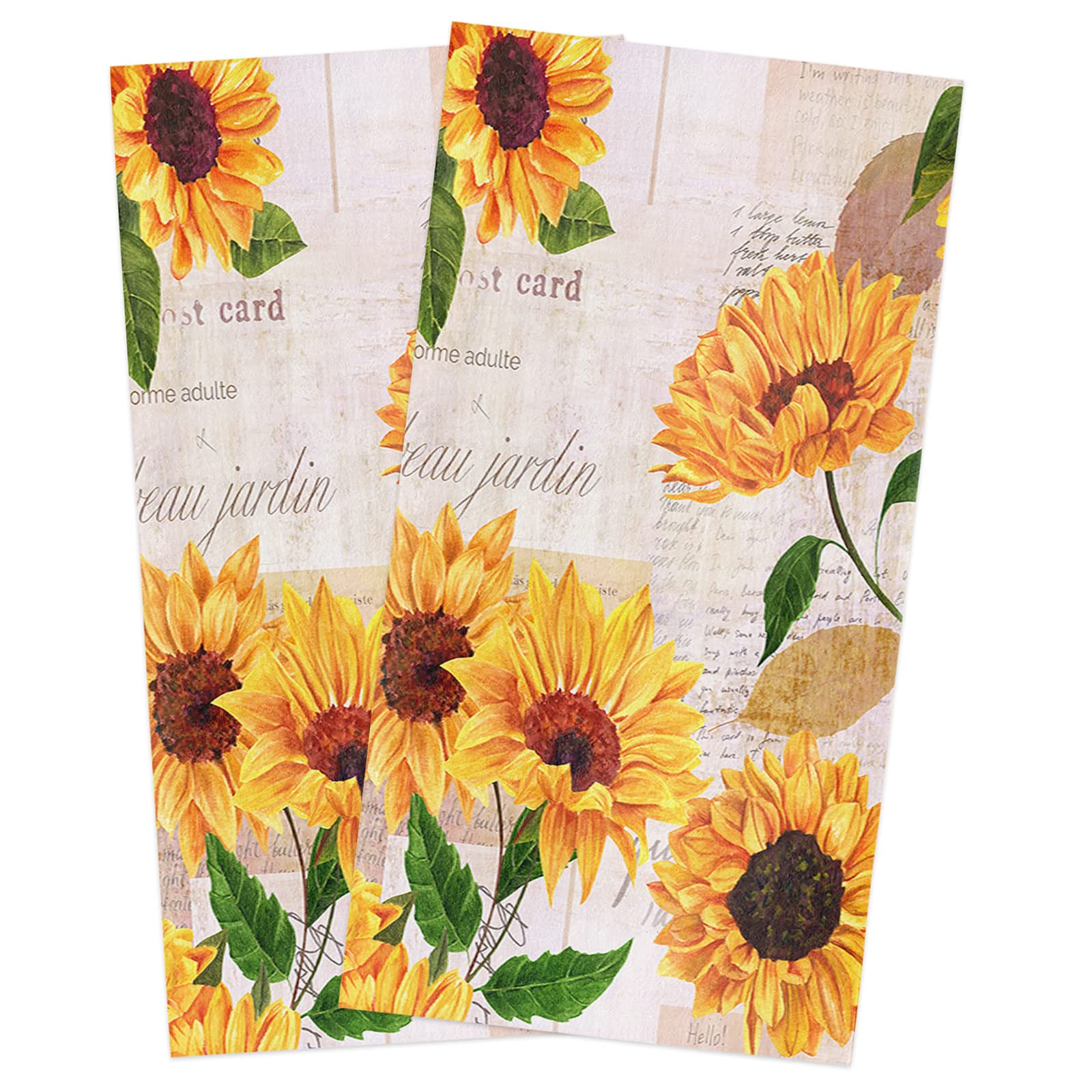 Vintage Sunflower Kitchen Towels Set of 2 - 18x28 Inch Rustic Yellow Floral Microfiber Dish Towels, Super Absorbent Hand Tea & Drying Cloths for Kitchen - Spring Summer Sunshine Decor, Perfect for Farmhouse, Cottage & Boho Home Decor