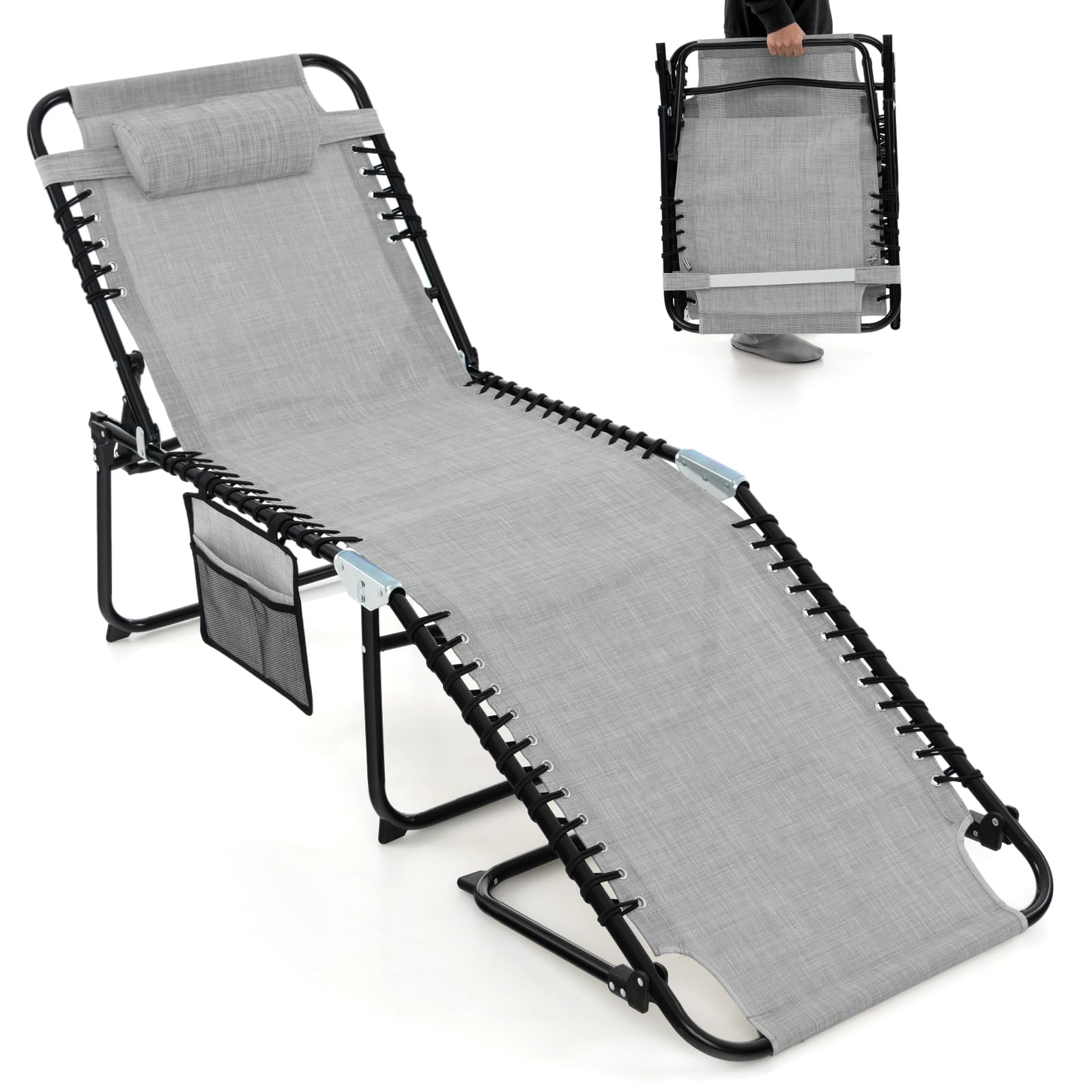 Giantex Folding Patio Lounge Chair with Headrest - 4 Adjustable Positions & Side Pocket - Outdoor Tanning Chaise Lounge for Camping, Pool, Beach, Backyard - Comfortable Sunbathing Chair for Relaxation (Grey)