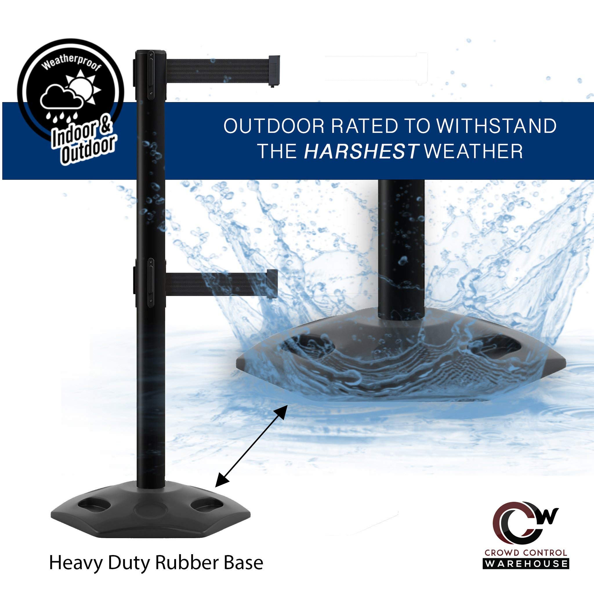 Heavy-Duty Retractable Safety Barrier Stanchion - Dual Belt Crowd Control Post with Rubber Base (Set of 2) - 11ft Dark Blue Belt for Warehouse, Retail & Event Management - WBB-200D Yellow Post