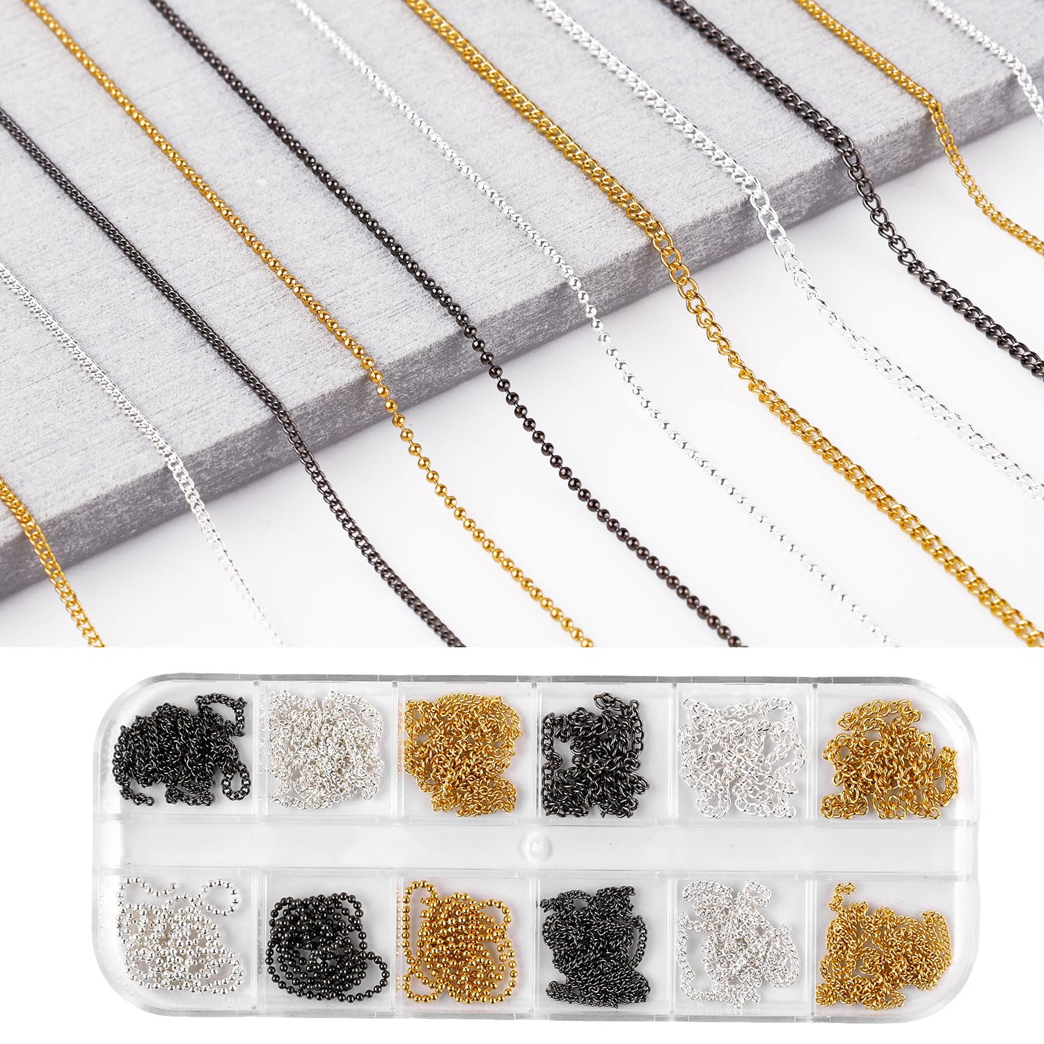 12 Strips Metal Nail Art Chains - Gold Silver & Black 3D Nail Decorations Charms for DIY Nail Jewelry Design | Nail Art Accessories for Manicure, Party, Wedding & Special Occasions