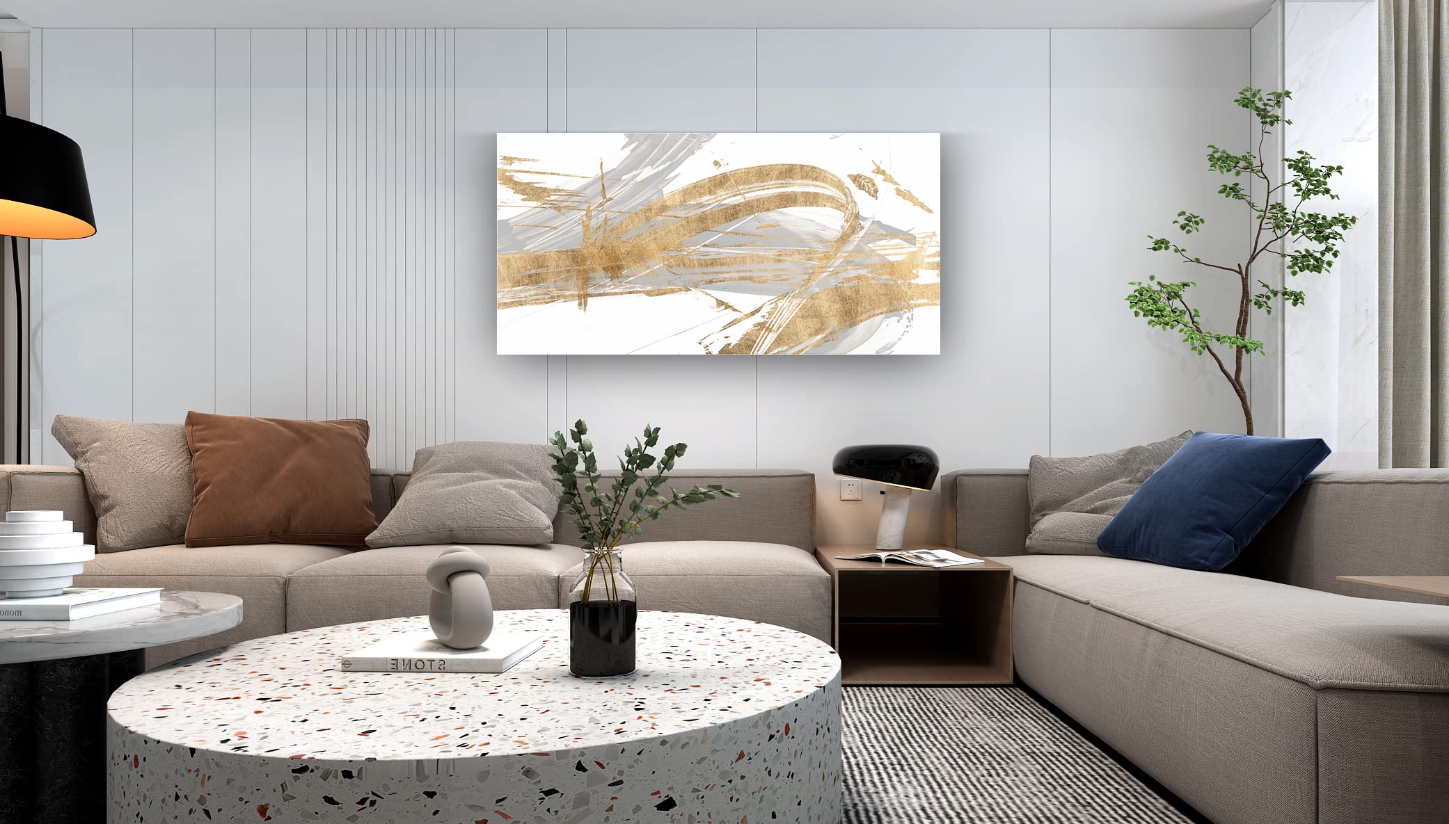 Abstract Wall Art Canvas Print - Grey & Gold Line Modern Framed Painting 24x48 inches (60x120cm) for Living Room, Bedroom, Office & Bathroom Decor | Contemporary Home Artwork for Stylish Interior Design
