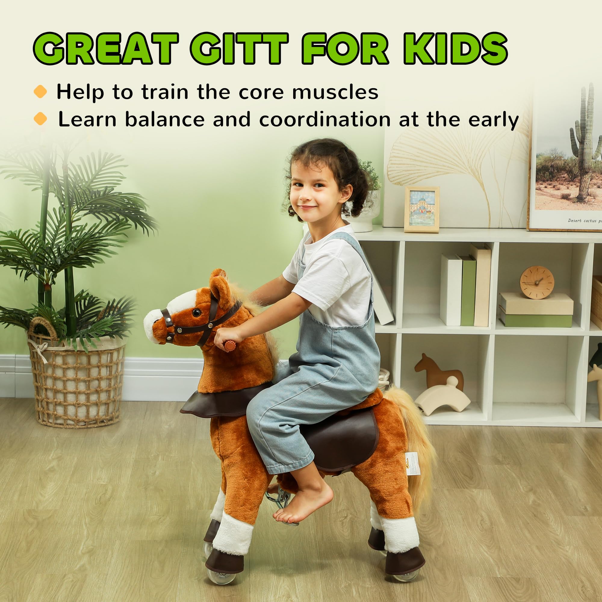 Qaba Ride-On Horse Toy for Kids - Plush Walking Pony with Wheels & Neighing Sound - Toddler Riding Toy for Ages 3-5 (Up to 132 lbs) - Perfect for Indoor Play, Birthday Gifts & Pretend Play - Brown