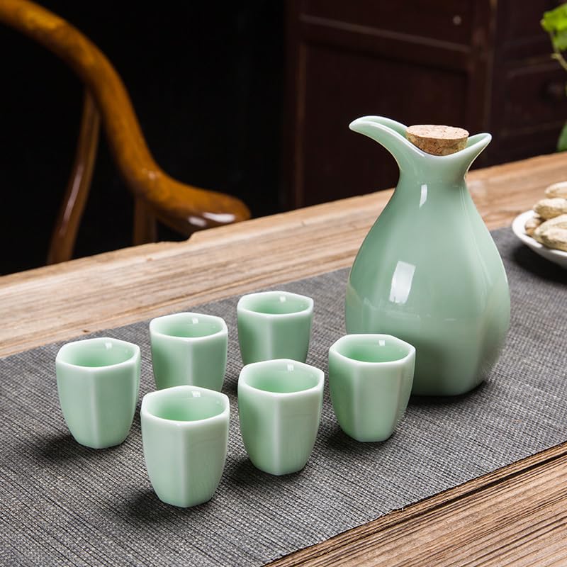 Handmade Japanese Sake Set - 6 Cups & 1 Ceramic Bottle - Traditional Green Glaze - Eco-Friendly Gift Set for Home, Party & Japanese Tea Ceremony