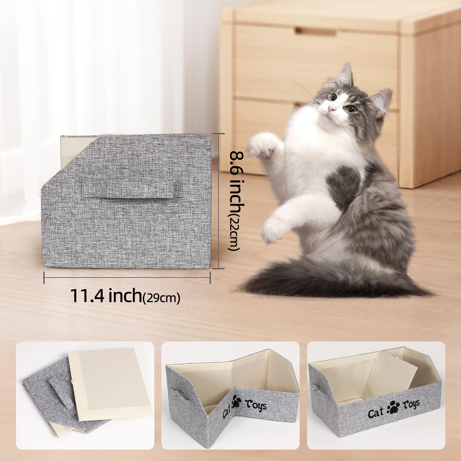 19.7 Inch Collapsible Cat Toy Storage Box with Handles - Pet Supplies Organizer for Toys, Clothes & Accessories - Perfect for Dogs & Cats - Gray | Ideal for Home, Living Room & Pet Play Areas