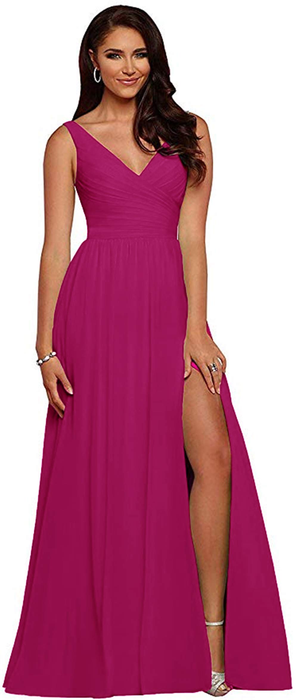 Ubride Women's V-Neck Slit Bridesmaid Dress Long Formal Evening Gown for Wedding Party, Prom, Cocktail & Special Occasions