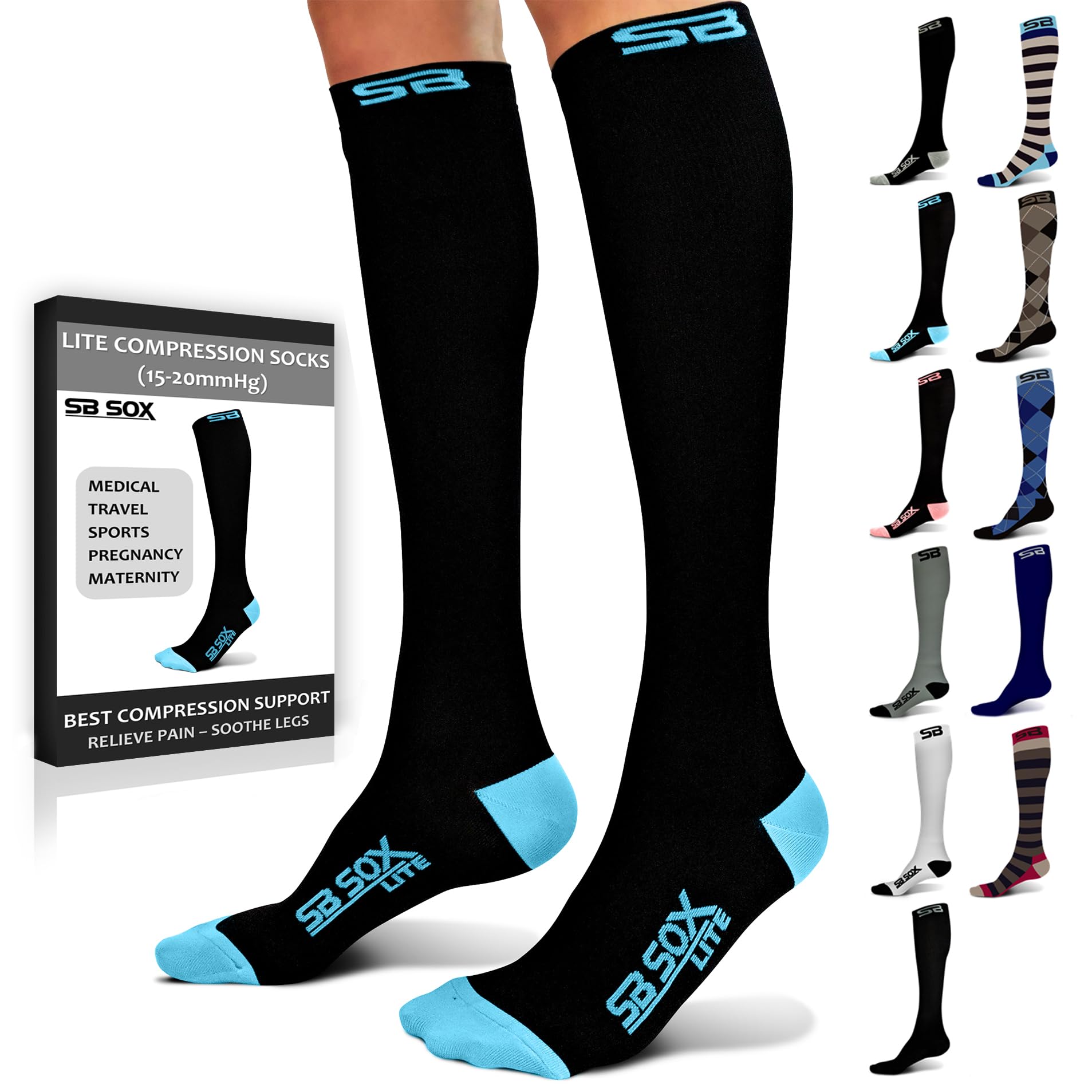 SB SOX Lite 15-20mmHg Compression Socks for Men & Women - Best Graduated Compression Socks for Running, Travel, Nursing & Varicose Vein Relief - Breathable & Comfortable for All-Day Wear (Includes XXL Sizes) - Perfect for Athletes, Frequent Flyers & Healthcare Workers