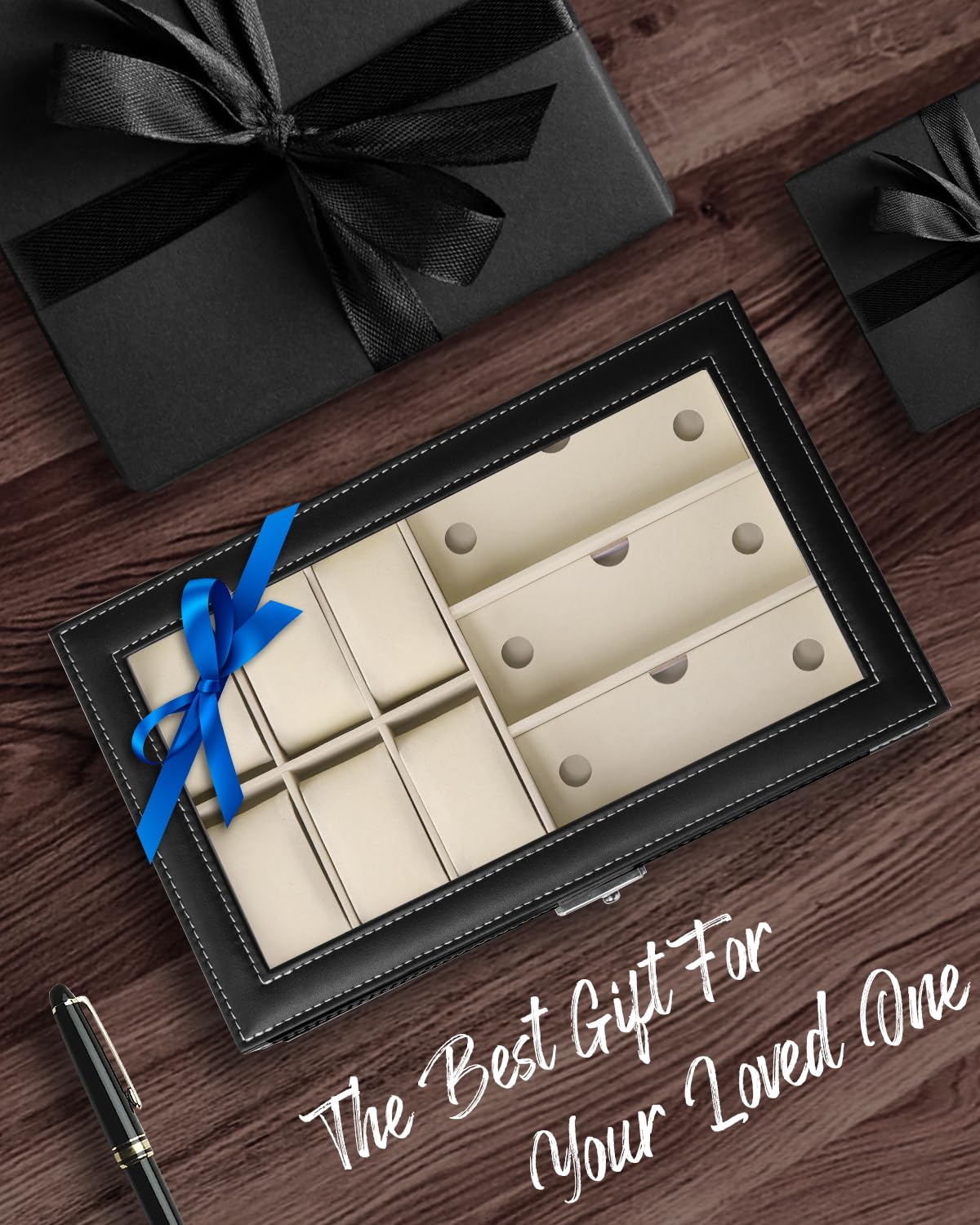 Jenseits 6-Slot Watch Box for Men & Women - PU Leather Watch Display Case with Lockable Drawer, Sunglasses Organizer & 2-Layer Jewelry Storage - Perfect Watch Holder for Father's Day Gifts, Travel & Home Decor
