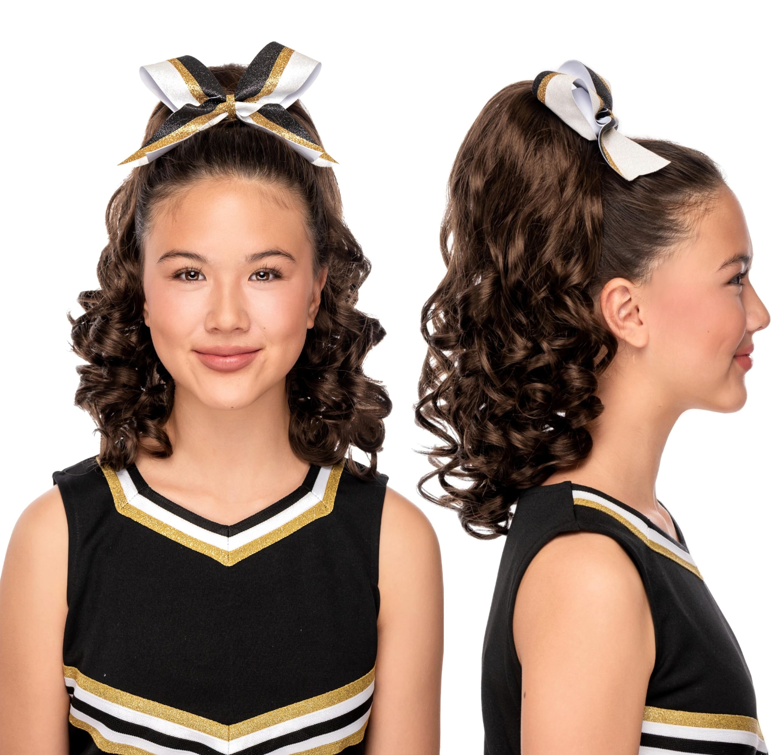 Cheerleader Curly Hairpiece for Cheerleading & Dance - Rose Gold Wig for Pom Poms, Pep Rallies & Performances