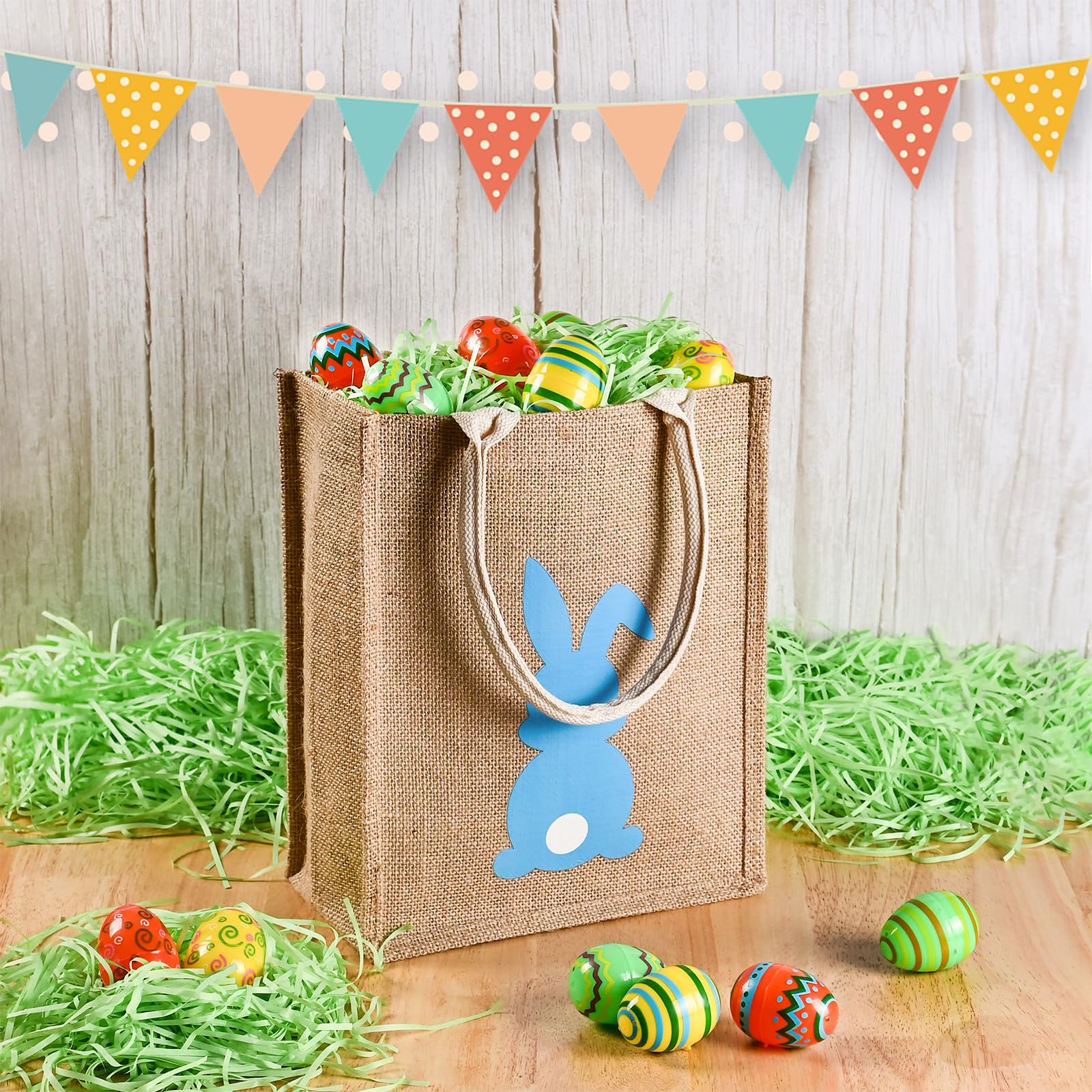 ATFUNSHOP Easter Tote Bag for Kids - Reusable Blue Bunny Basket for Egg Hunt, Easter Party & Spring Celebration - Durable Linen Easter Gift for Boys & Girls