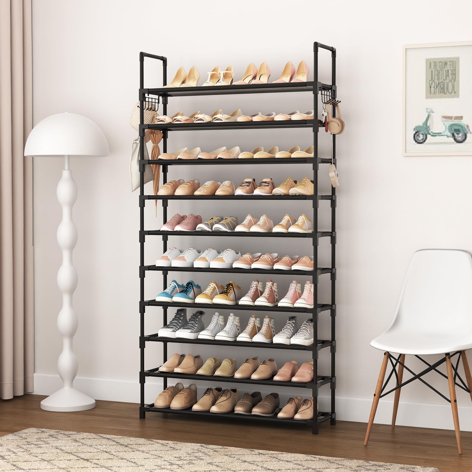 VTRIN 10-Tier Large Capacity Shoe Rack Organizer - Holds 50 Pairs with 2 Hooks - Sturdy Metal Shoe Shelf for Entryway, Closet & Bedroom - Perfect for Home, Apartment & Dorm Organization