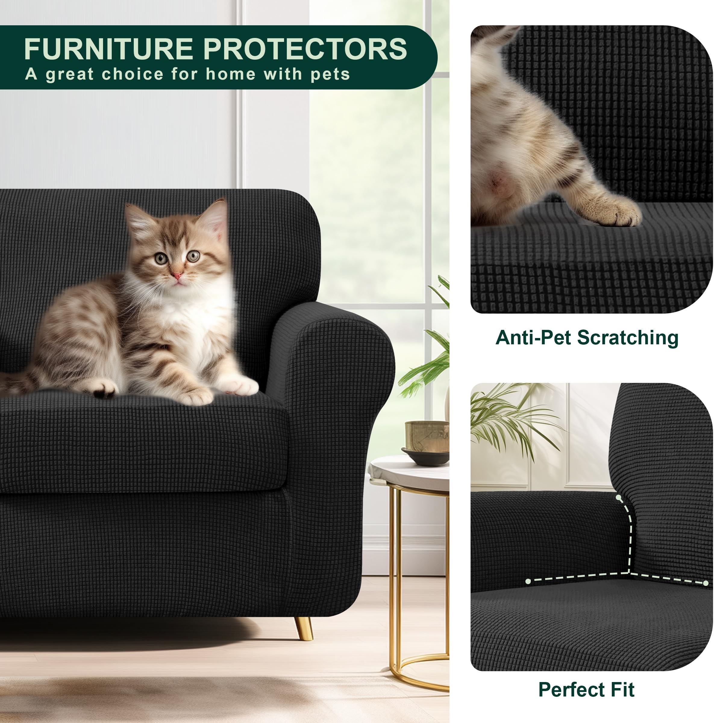 CHUN YI 7-Piece Stretch Sofa Slipcover for 3-Cushion Couch - 3 Seater Couch Cover with Separate Backrest & Cushion Covers, Anti-Slip Washable Furniture Protector for Pets (Large, Black) - Perfect for Pet Owners & Home Decor
