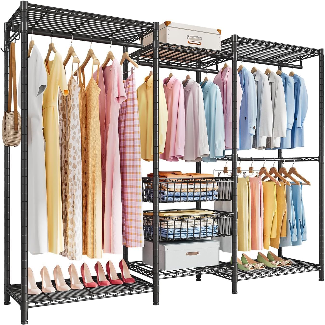 Forthcan Adjustable Height Metal Coat Rack with Shelf & Basket - Rustproof Standing Clothes Hanger for Entryway, Bedroom, or Office - Black, 155 x 40 x 180 cm - Perfect for Organizing Jackets, Hats, and Accessories