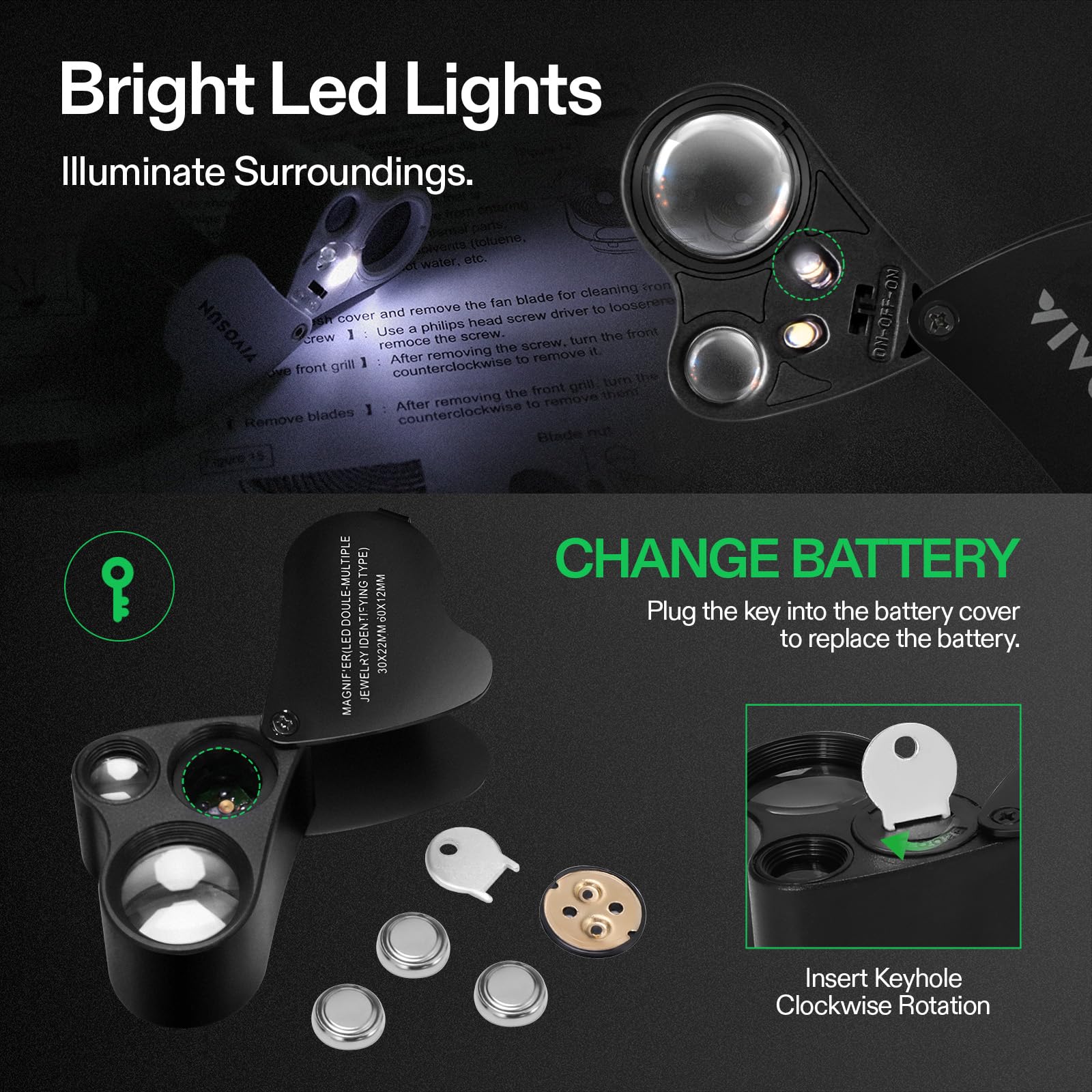 VIVOSUN 2-Pack 30X 60X Illuminated Jewelers Loupe with LED Light - Foldable Magnifying Glass for Jewelry, Gems, Watches, Coins & Stamp Collecting - Perfect for Hobbyists, Antique Appraisals & Close Inspection Work