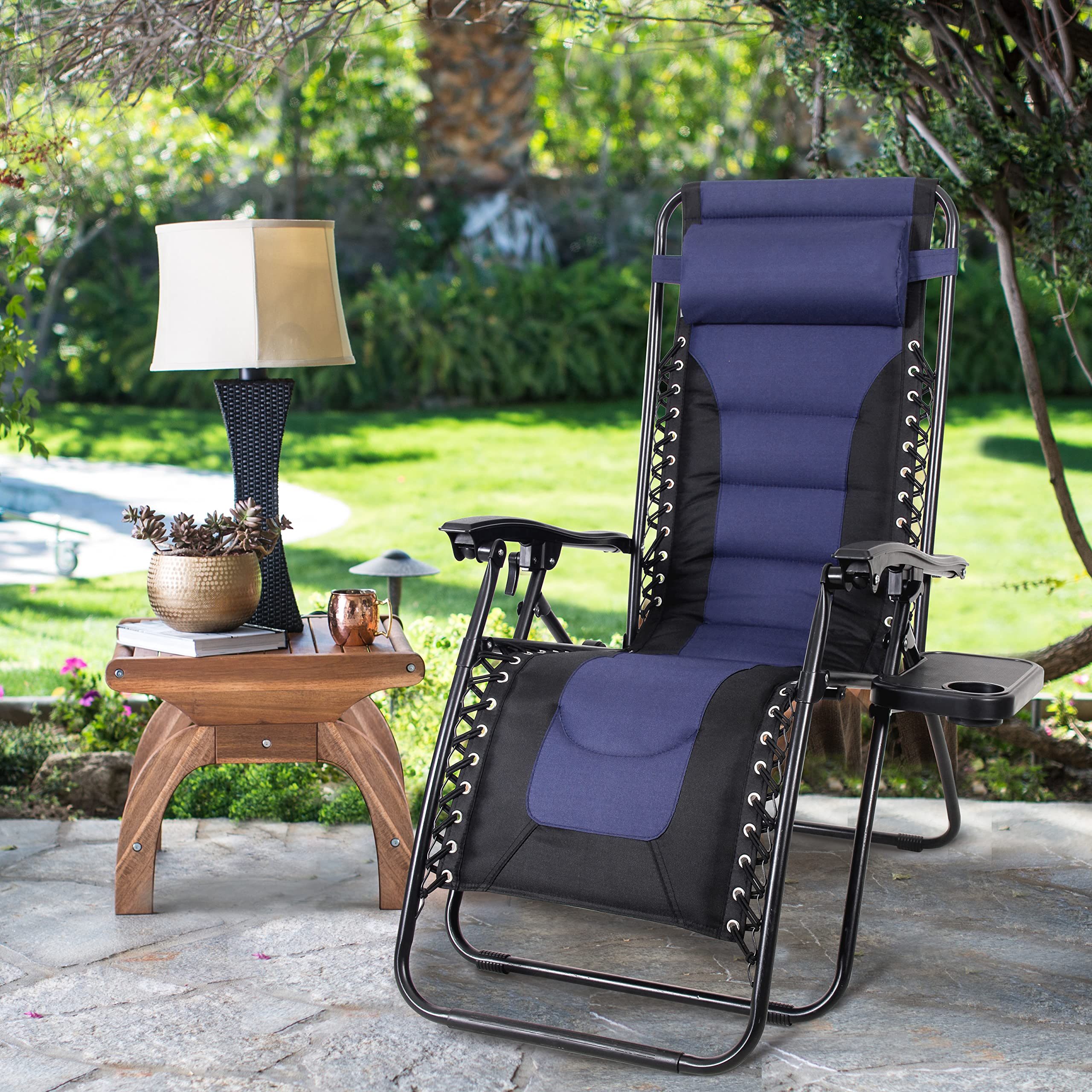 MAISON ARTS Zero Gravity Lounge Chair - Foldable Padded Recliner with Pillow & Cup Holder - 350LBS Weight Capacity - Blue - Perfect for Backyard, Poolside, Beach & Camping Outdoor Relaxation