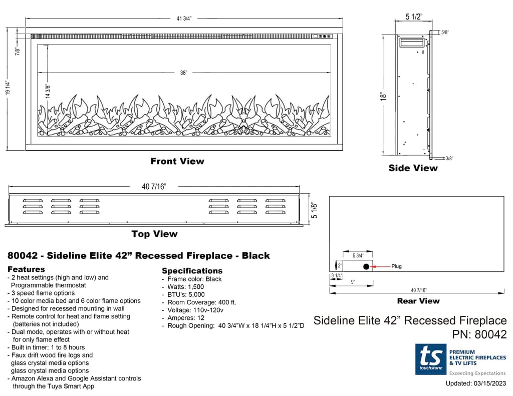 Sideline Elite 42 Inch Recessed Smart Electric Fireplace with Remote Control - Modern Heating Solution for Living Room, Bedroom & Office