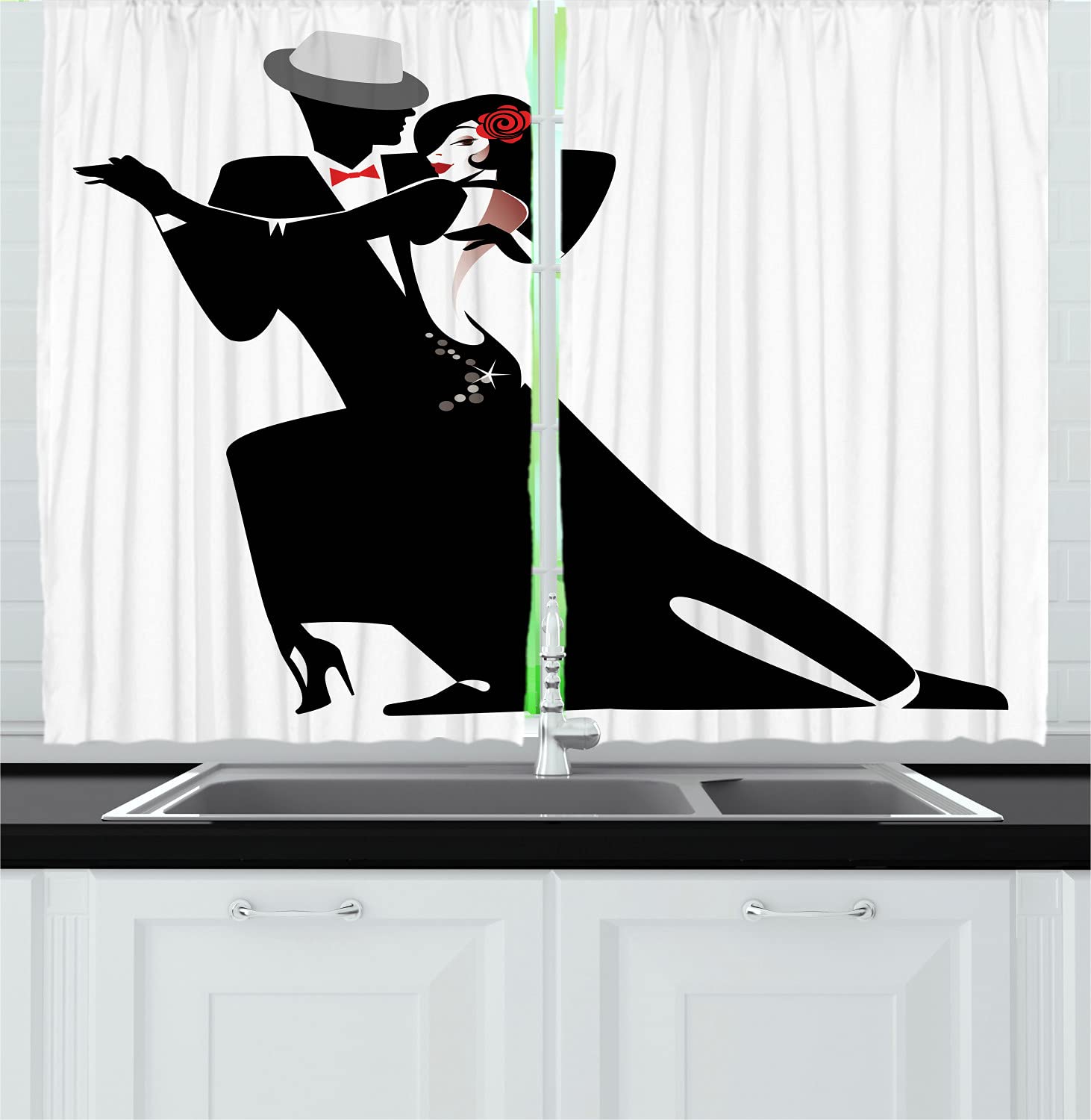 Ambesonne Retro Long Kitchen Curtains - Vintage Couple Dancing Tango & Waltz Art Print - 2 Panel Rod Pocket Drapes 55