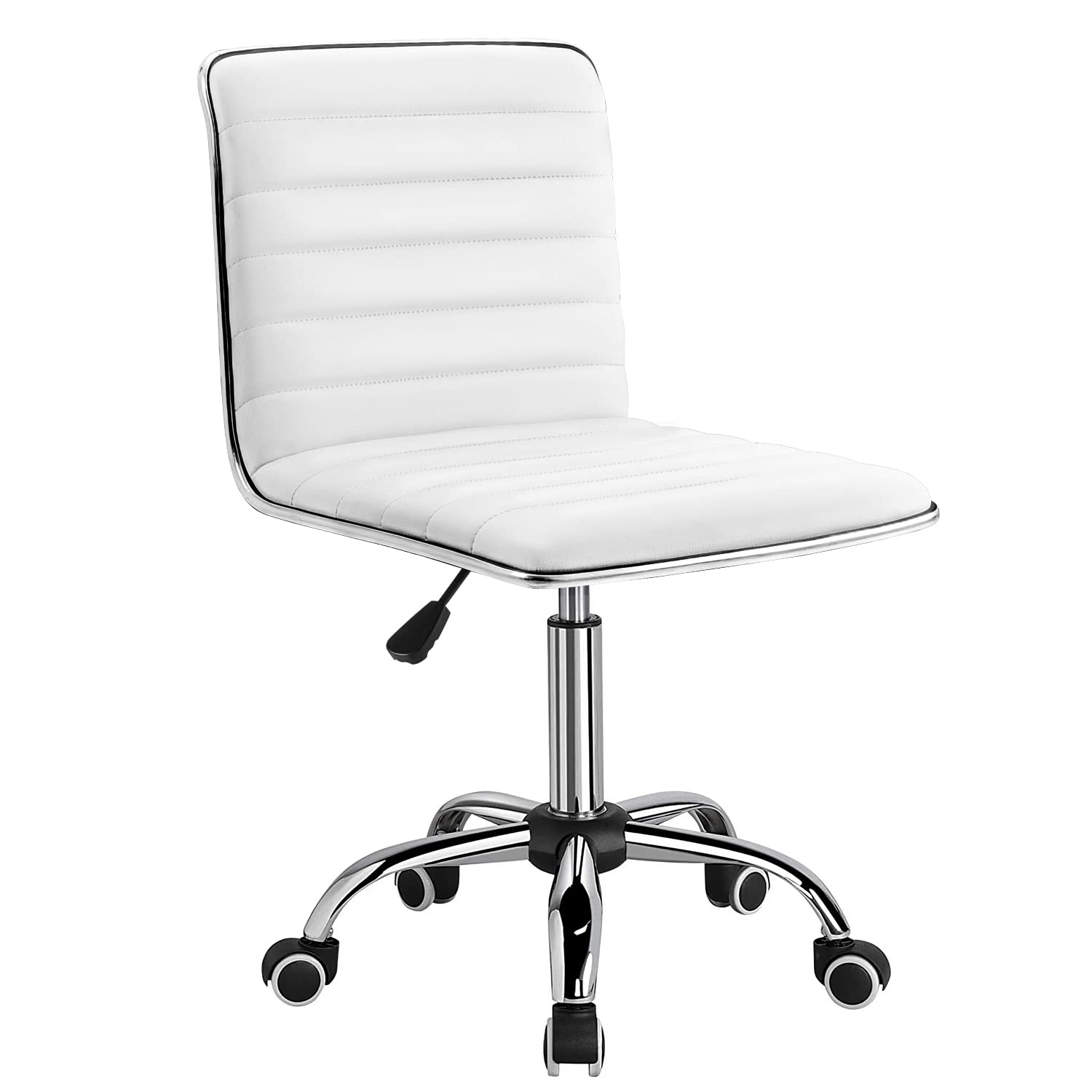 Furmax Mid Back Vanity Chair - White PU Leather Swivel Makeup Stool with Ribbed Design, Armless Retro Office & Computer Desk Chair for Home, Salon, Dressing Room & Workspace
