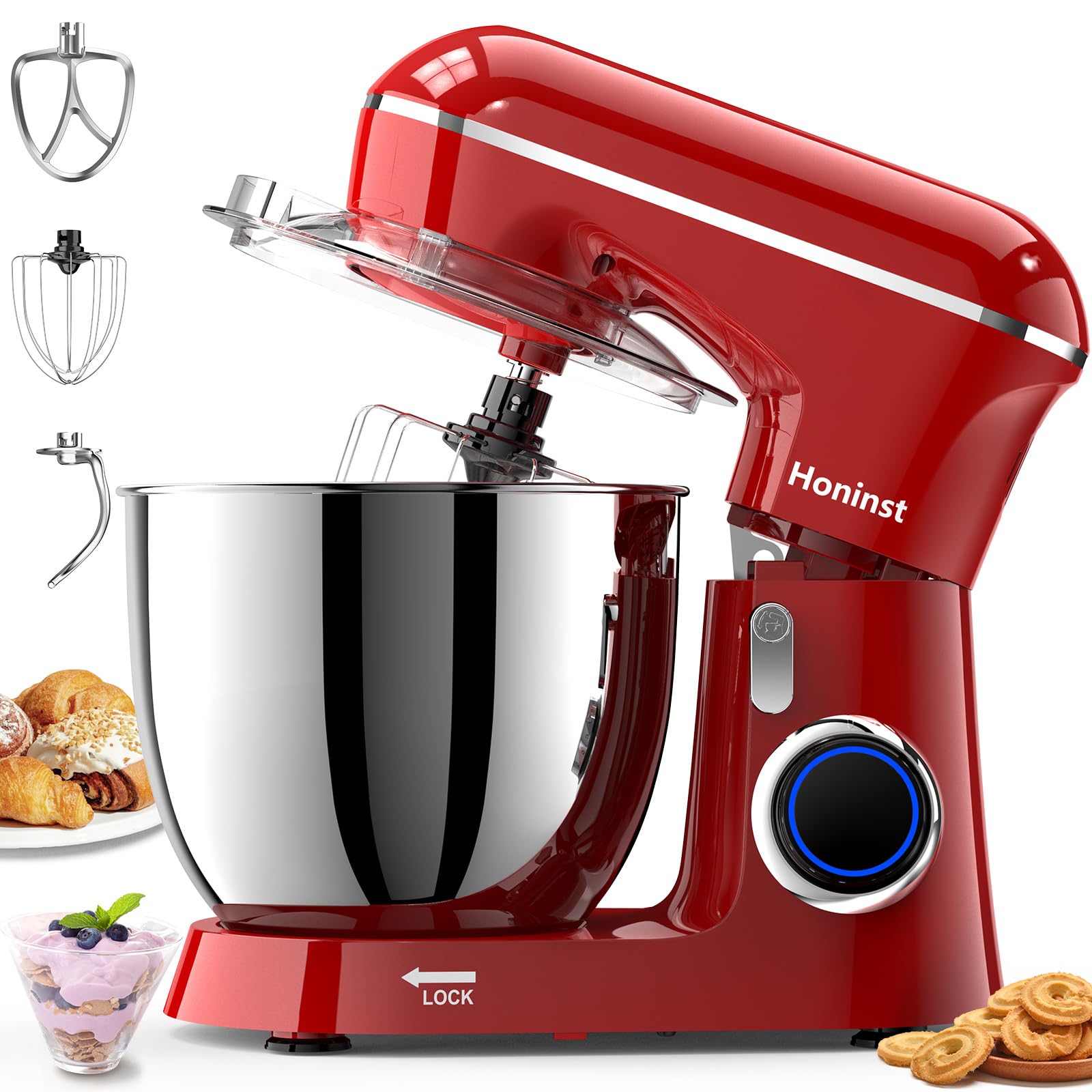 6.5QT 10-Speed Tilt-Head Electric Stand Mixer - 3-in-1 Kitchen Mixer with Stainless Steel Bowl, Dough Hook, Whisk & Beater - Professional Baking Mixer for Cakes, Cookies, Bread & Dough - Perfect for Home Bakers & Cooking Enthusiasts (Red)