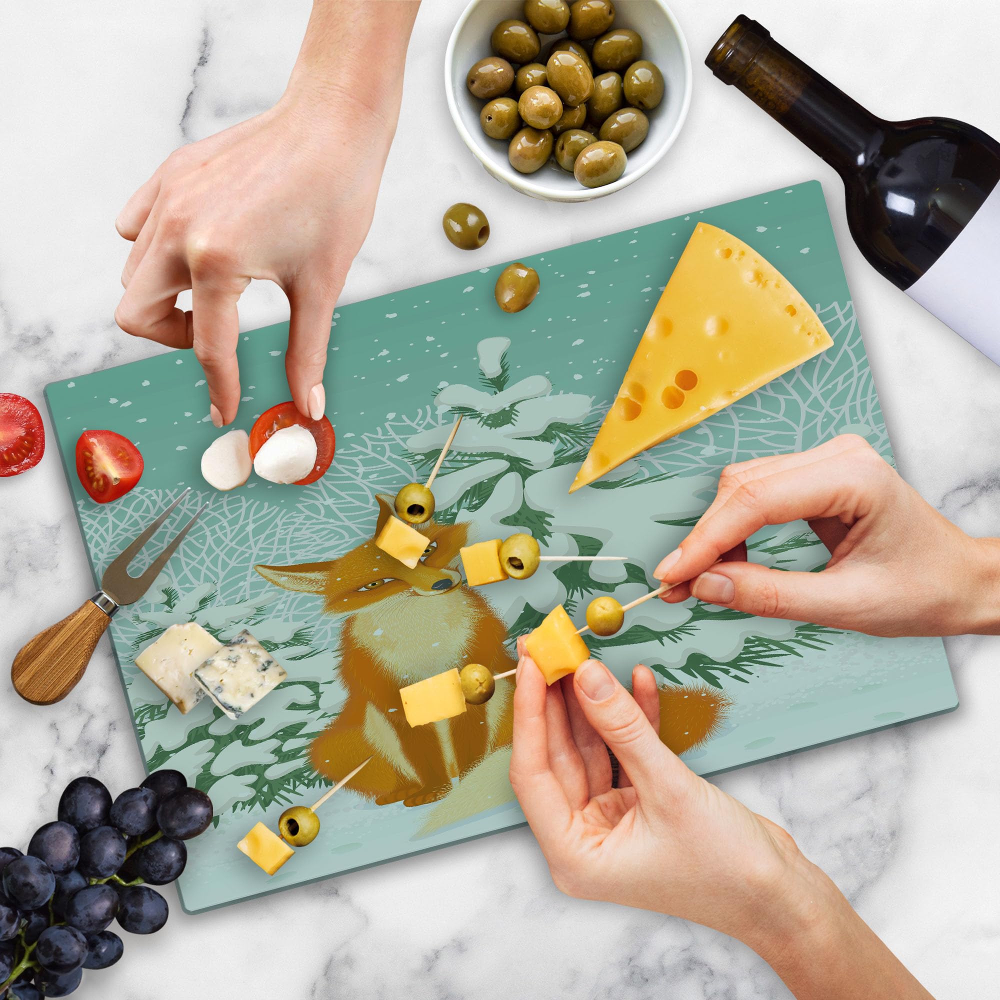 Ambesonne Tempered Glass Cutting Board - Red Fox in Winter Forest with Snow-Covered Pine Trees, Christmas Cartoon Design, Large Decorative Serving Board in Orange, White, Almond Green | Perfect for Holiday Entertaining, Kitchen Decor & Gift Giving