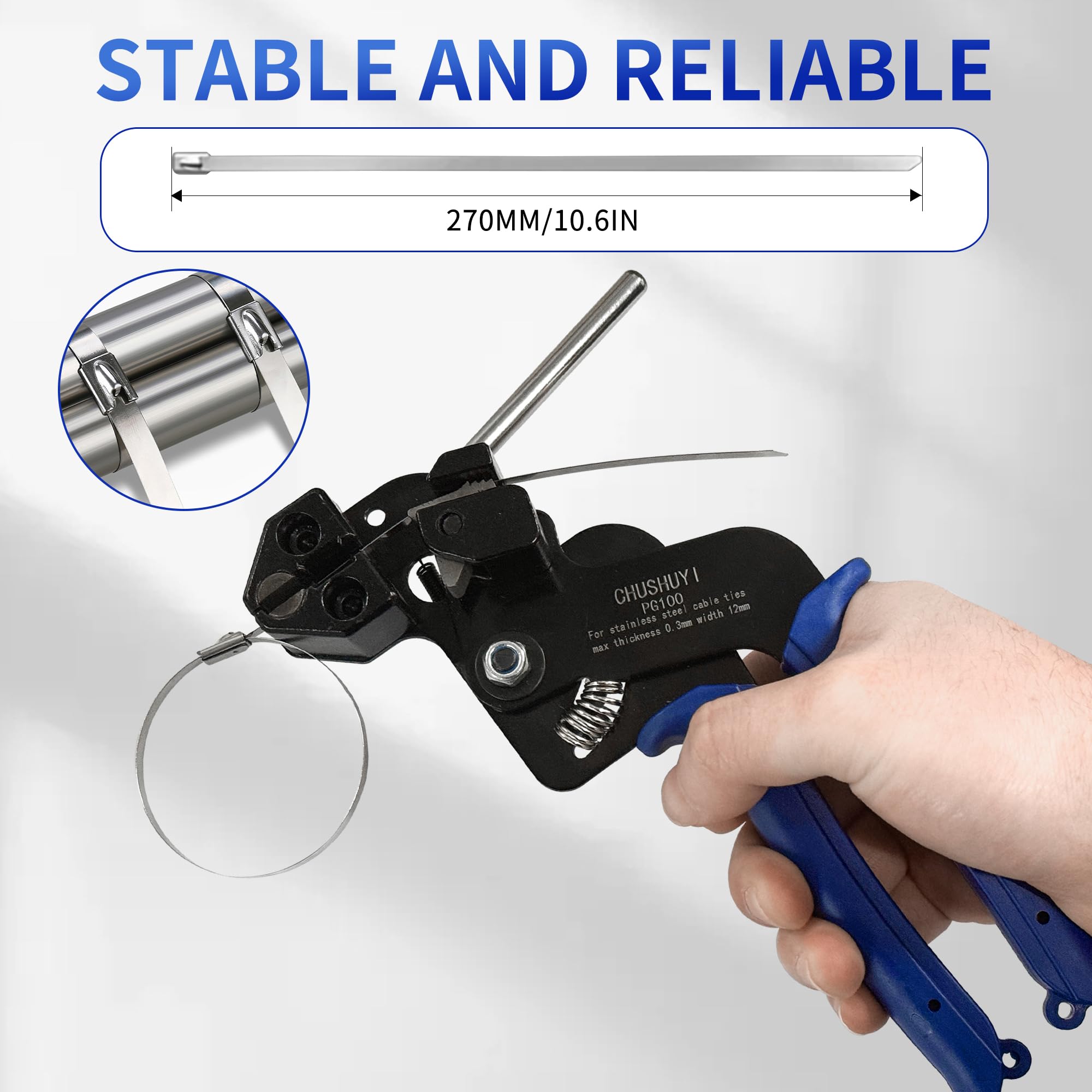 Heavy Duty Stainless Steel Zip Tie Gun Kit - Adjustable Metal Cable Tie Tool with Self-Locking Fastening & Cutting Function - Includes 100pcs CHUSHUYI Steel Zip Ties - Perfect for Outdoor, Industrial, Automotive, and Electrical Wiring Applications