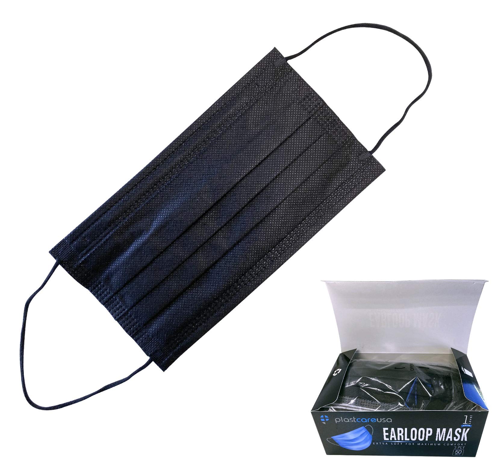 ASTM Level 1 Disposable 3-Ply Black Face Masks - 50/1000/2000 Pack | Breathable Protection for Daily Use, Work & Public Safety | PlastCare USA