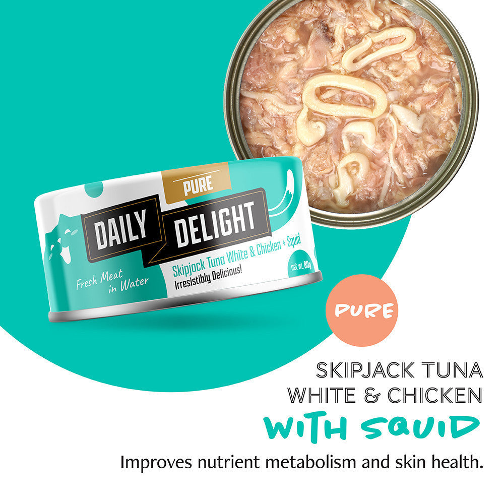24-Pack Daily Delight Pure Wet Cat Food 80g - Grain Free, Premium Quality, Easy to Digest with Skipjack & Baby Clam - Perfect for Kittens, Adult Cats & Senior Felines at Home or Travel