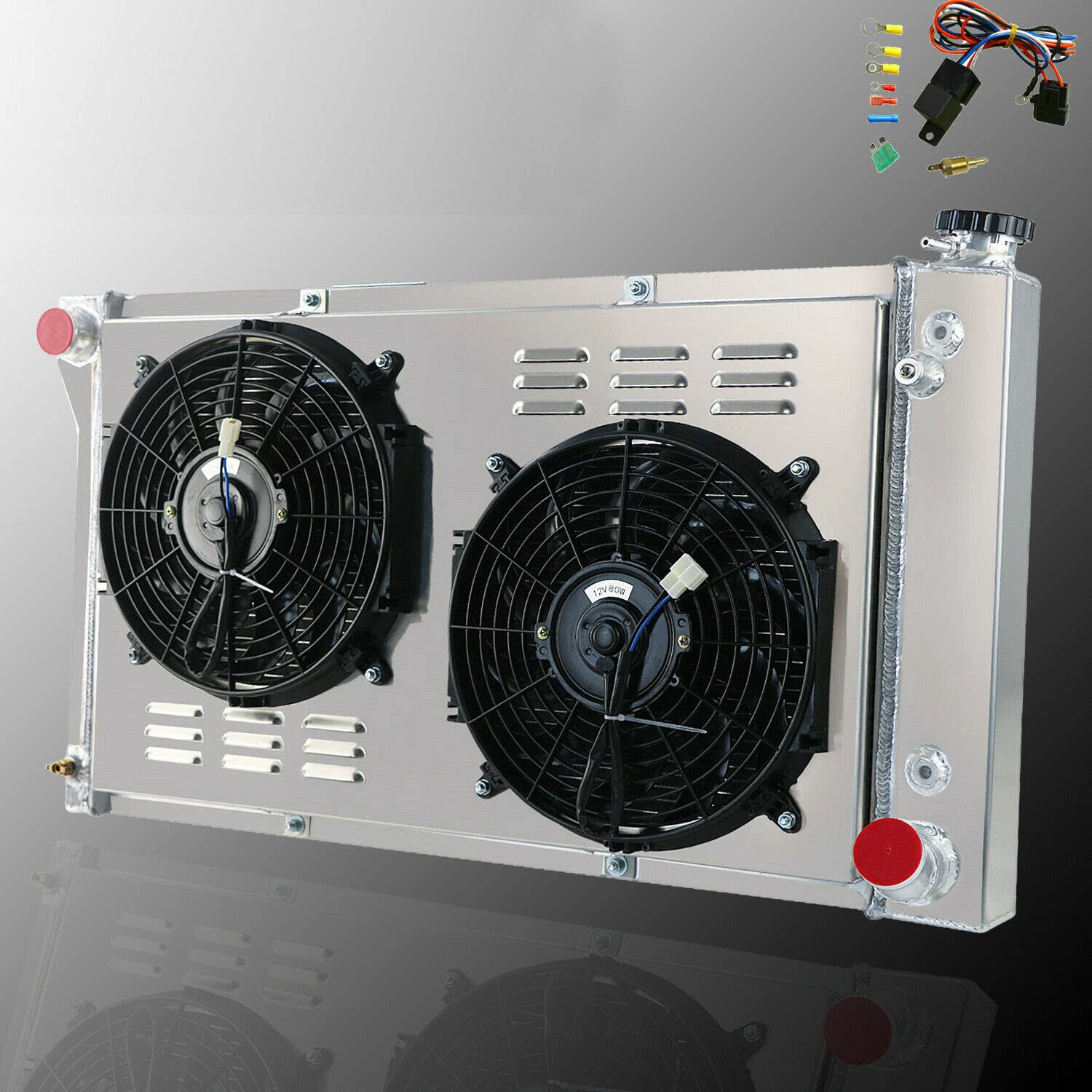 ECMRAD 4 Row Aluminum Radiator with Shroud & Cooling Fans Kit for 1968-1972 Chevy C10 C20 C30 K10 K20 K30 Pickup Truck, Suburban, Blazer - Includes Wiring Harness (Silver) - Perfect for Engine Cooling & Off-Road Performance Upgrades