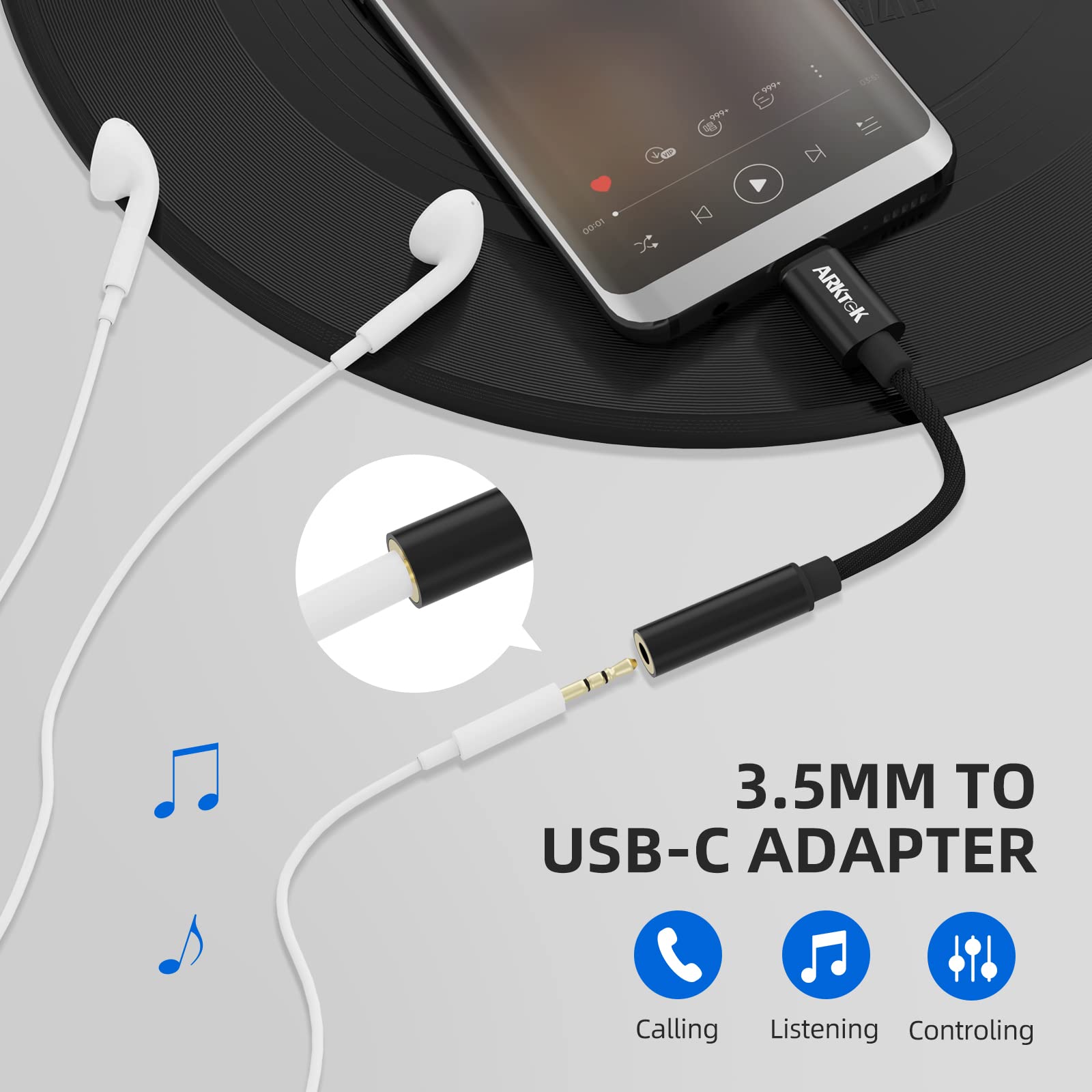 ARKTEK USB-C to 3.5mm Headphone Jack Adapter with DAC Chip - High Resolution Audio Dongle for iPhone 16/15/14, iPad Pro, Samsung Galaxy S25/S24, Google Pixel 9/8/7 - Perfect for Music, Gaming & Video Calls