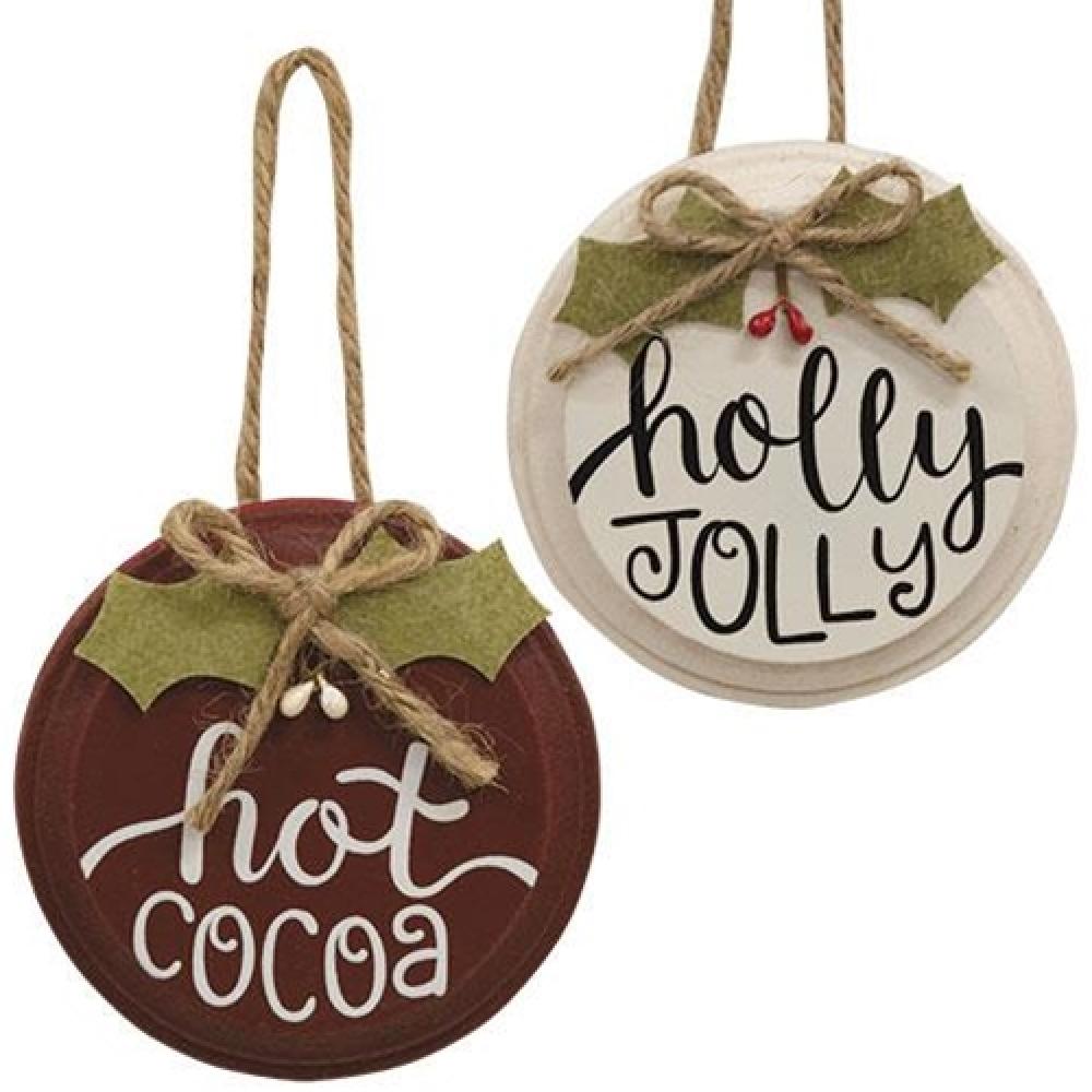 Festive Hot Cocoa & Holly Jolly Button Christmas Ornaments - 2 Pack Assorted Holiday Decor for Tree, Gift Wrapping & Home Decorating