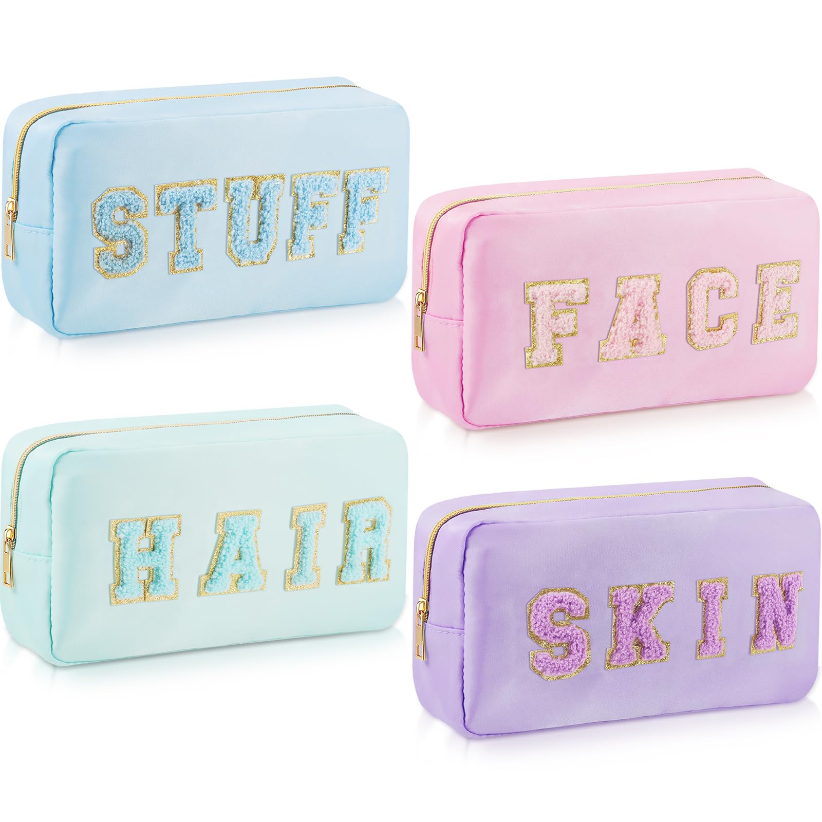 Giesiery 4-Piece Preppy Makeup Bags - Chenille Letter Nylon Cosmetic Organizers for Face, Skin & Hair Care - Waterproof Toiletry Pouches for Travel, Gym, Beach & Office Storage (Mixed Colors) | Perfect for Daily Essentials & On-the-Go Organization