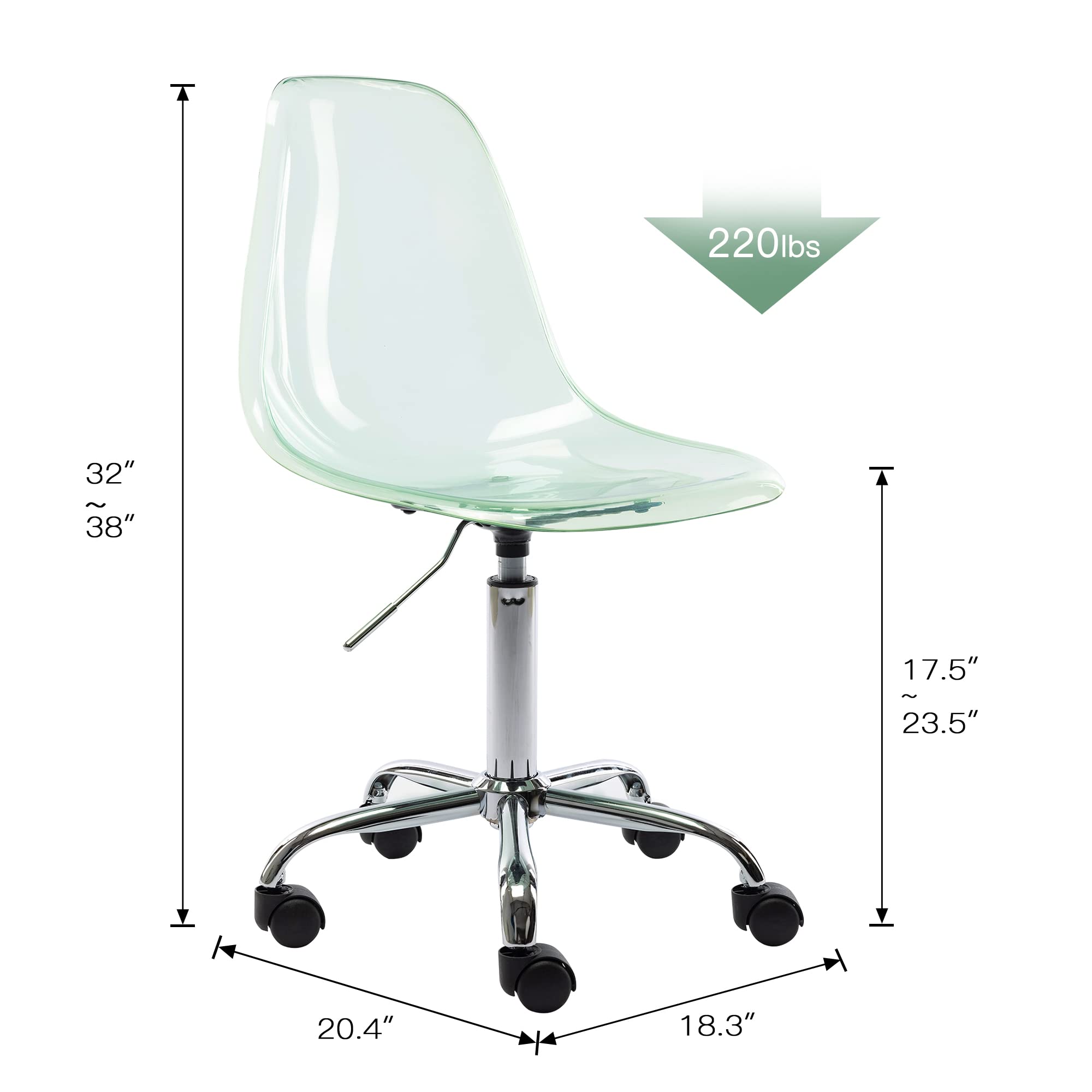 Modern Acrylic Clear Desk Chair - Adjustable Height Rolling Office Chair, Small Armless Vanity Chair for Home & Office, Green Lucite Ghost Chair with Wheels - Perfect for Workspaces, Makeup Vanities & Modern Decor