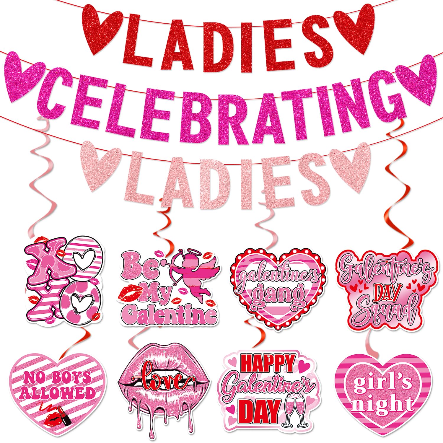 Happy Galentine’s Day Banner - Pre-assembled Hanging Swirls for Ladies Celebrating Ladies | Valentine’s & Galentine’s Day Party Decorations | Perfect for Girls Night, Gal Pals Gatherings & Female Friendship Celebrations