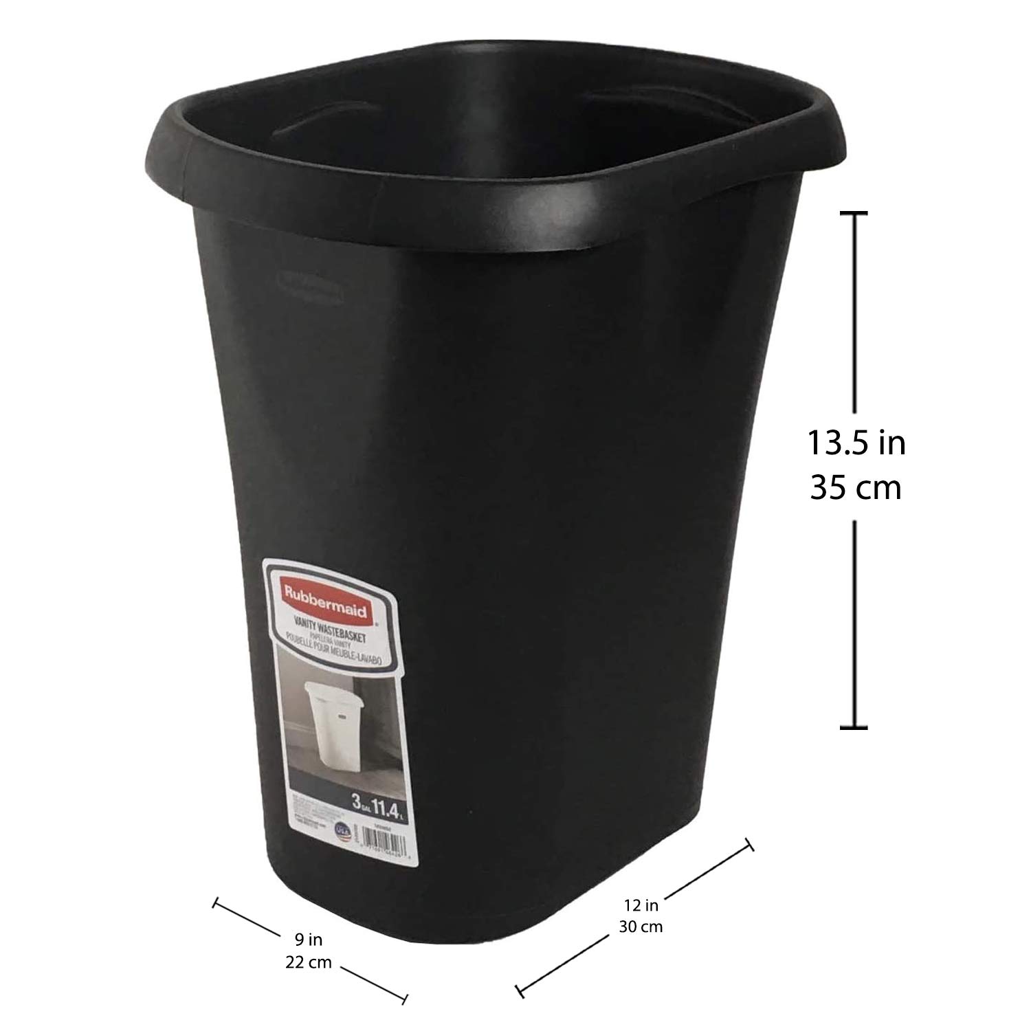 Rubbermaid 3 Gallon Open Wastebasket - Black Trash Can for Bedroom, Office, Kitchen & Bathroom | Small Garbage Bin for Home & Workspace Organization