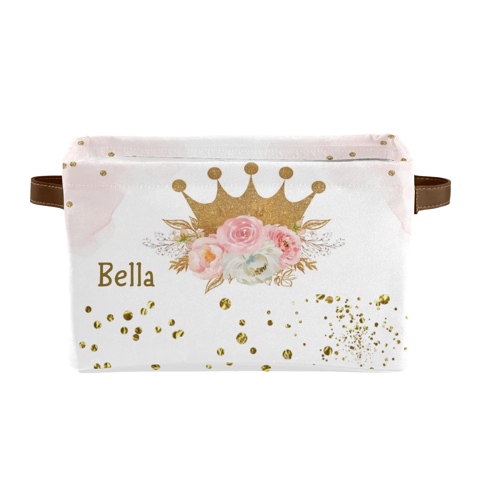 Personalized Pink & Gold Floral Canvas Storage Bins with Custom Name Text & Leather Handles - 2 Pack for Office, Bathroom, Nursery, Closet & Shelf Organization | Perfect for Home Decor & Gift Giving