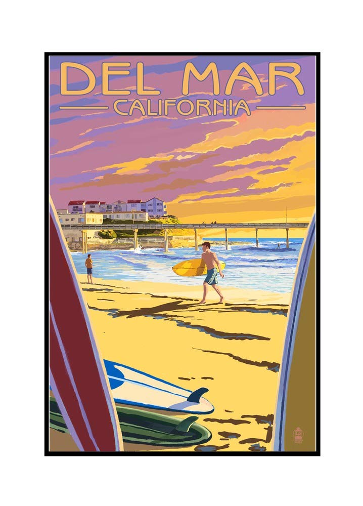 Del Mar California Beach and Pier Framed Canvas Wall Art - 24x36 Inch Gallery Wrapped Stretched Canvas Print - Coastal Decor for Living Room, Bedroom, Office
