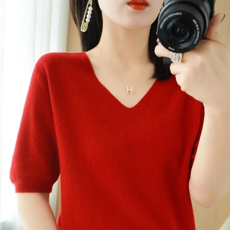 Solid Color V-Neck Half-Sleeve Cashmere Sweater for Women - Soft Thin Knit Casual Top for Office Wear & Fall Layering