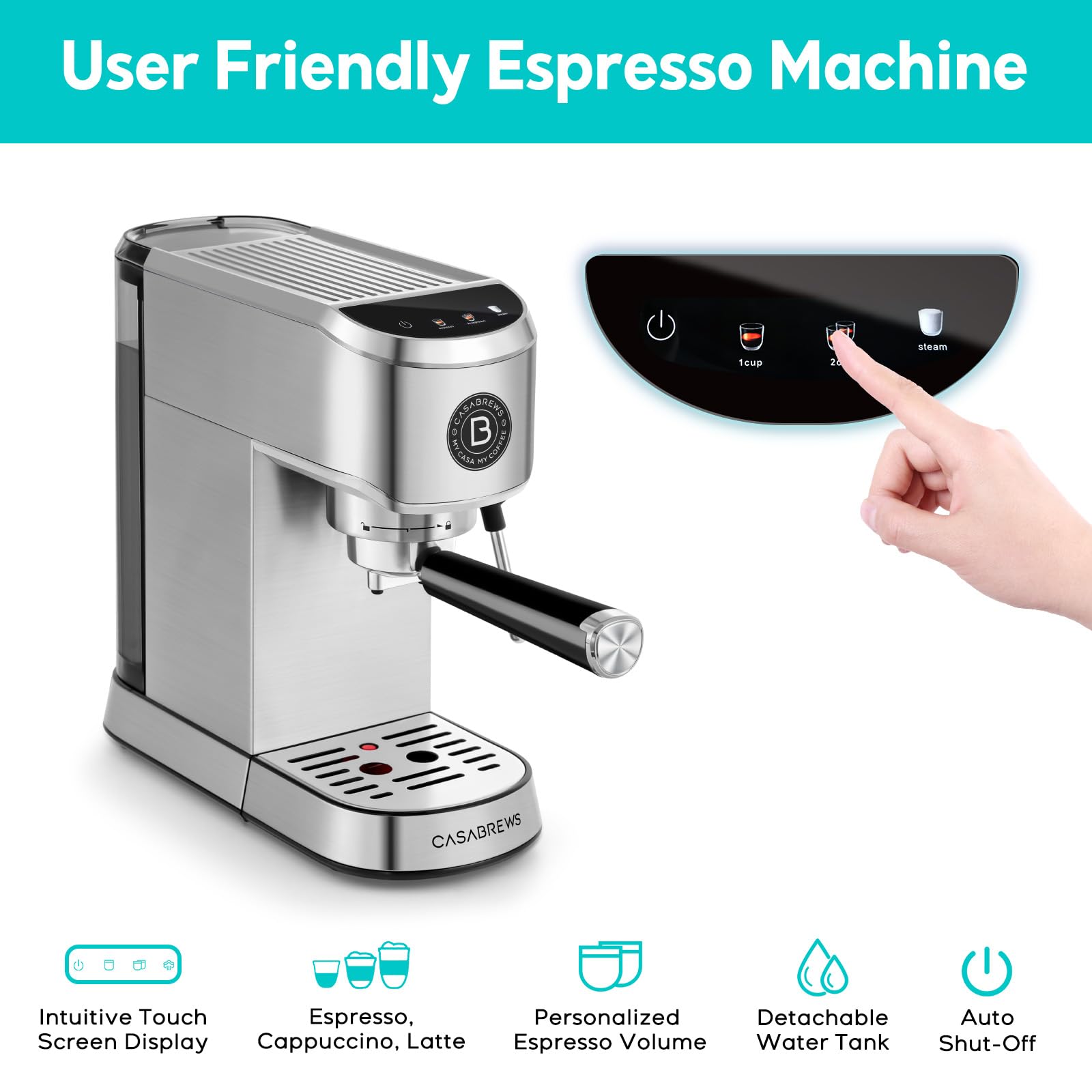 CASABREWS 20 Bar Professional Espresso Machine with Milk Frother - Compact Stainless Steel Cappuccino & Latte Maker - 34oz Removable Water Tank & Touchscreen (Silver) - Perfect for Home Baristas & Coffee Lovers