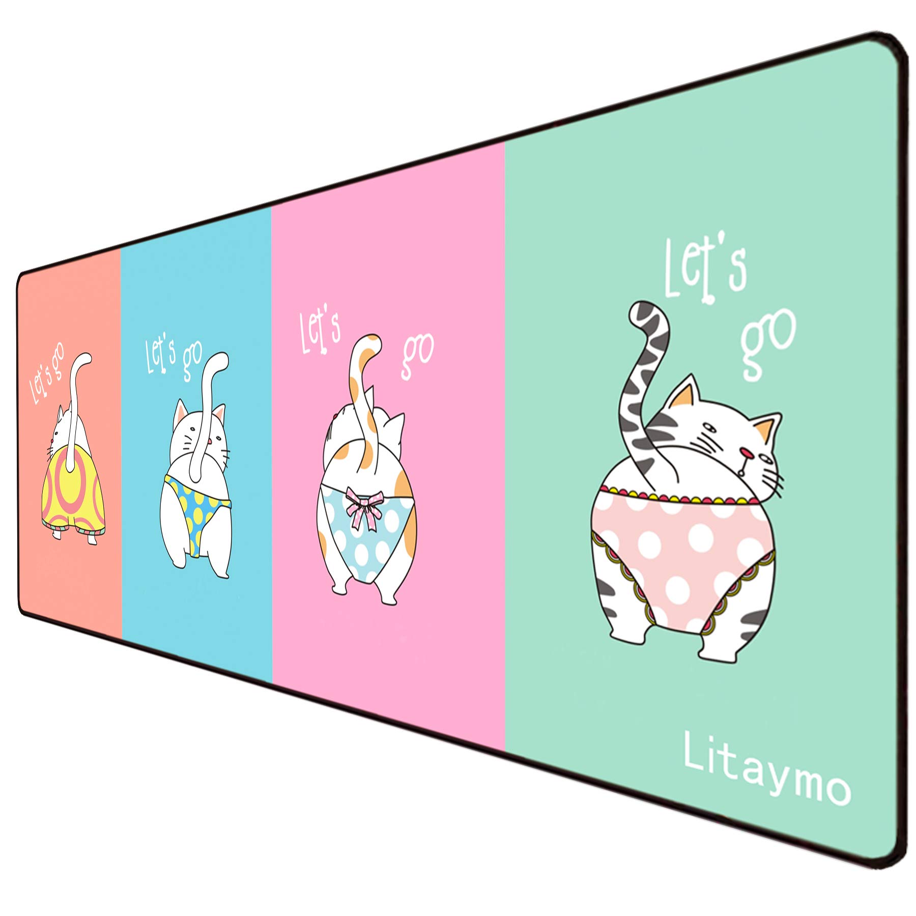 Large Gaming Mouse Pad with Cat Anime Design for Girls - Non-Slip Computer Mousepad & Keyboard Mat (31.5x11.8inch) with Stitched Edge - Perfect for Gaming, Office Work & Home Computer Setup