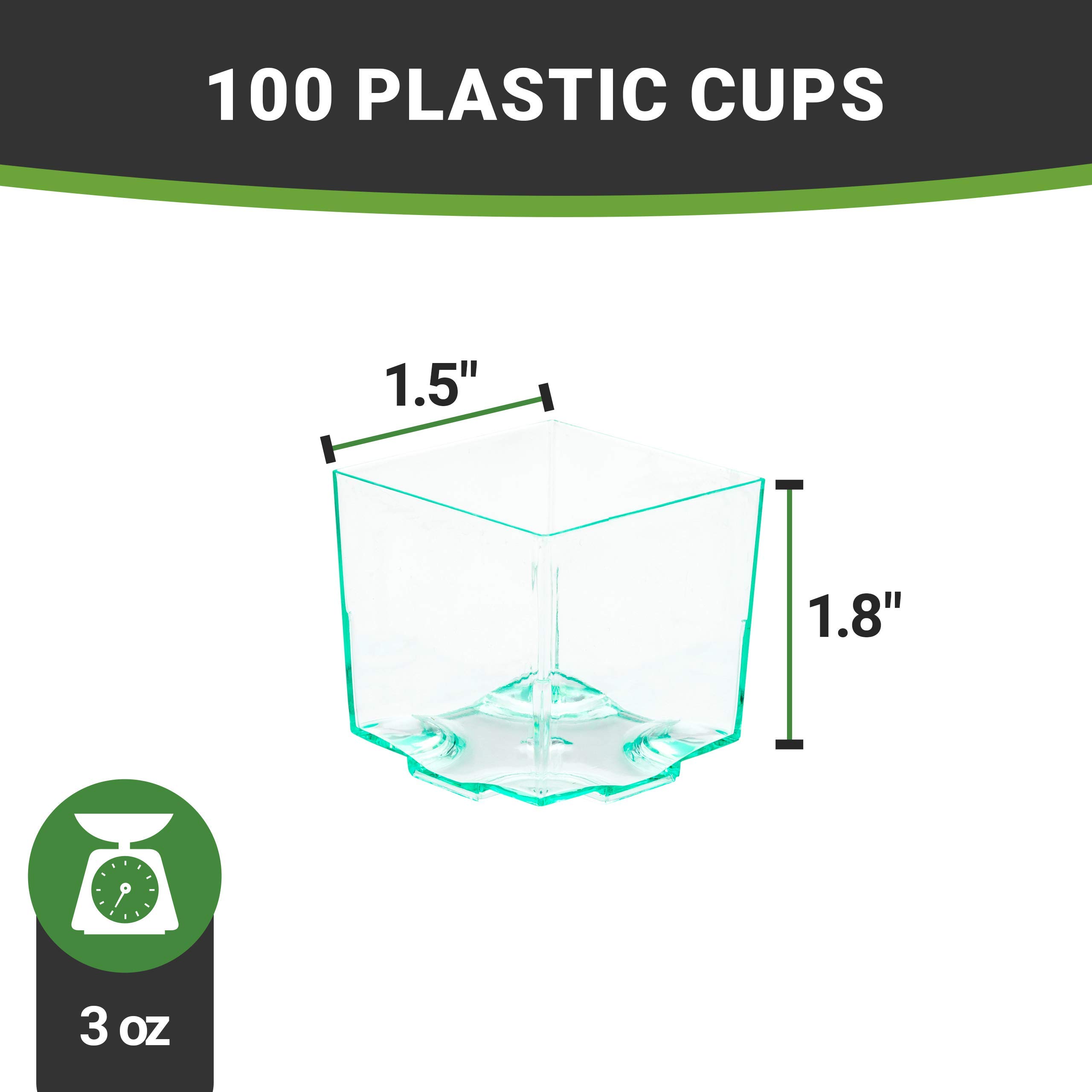 Restaurantware 3oz Mini Dessert Cups - 100-Pack Square Small Appetizer Disposable Plastic Parfait Cups for Puddings, Snacks & Samples | Heavy-Duty Seagreen Color | Perfect for Weddings, Parties, Catering & Events