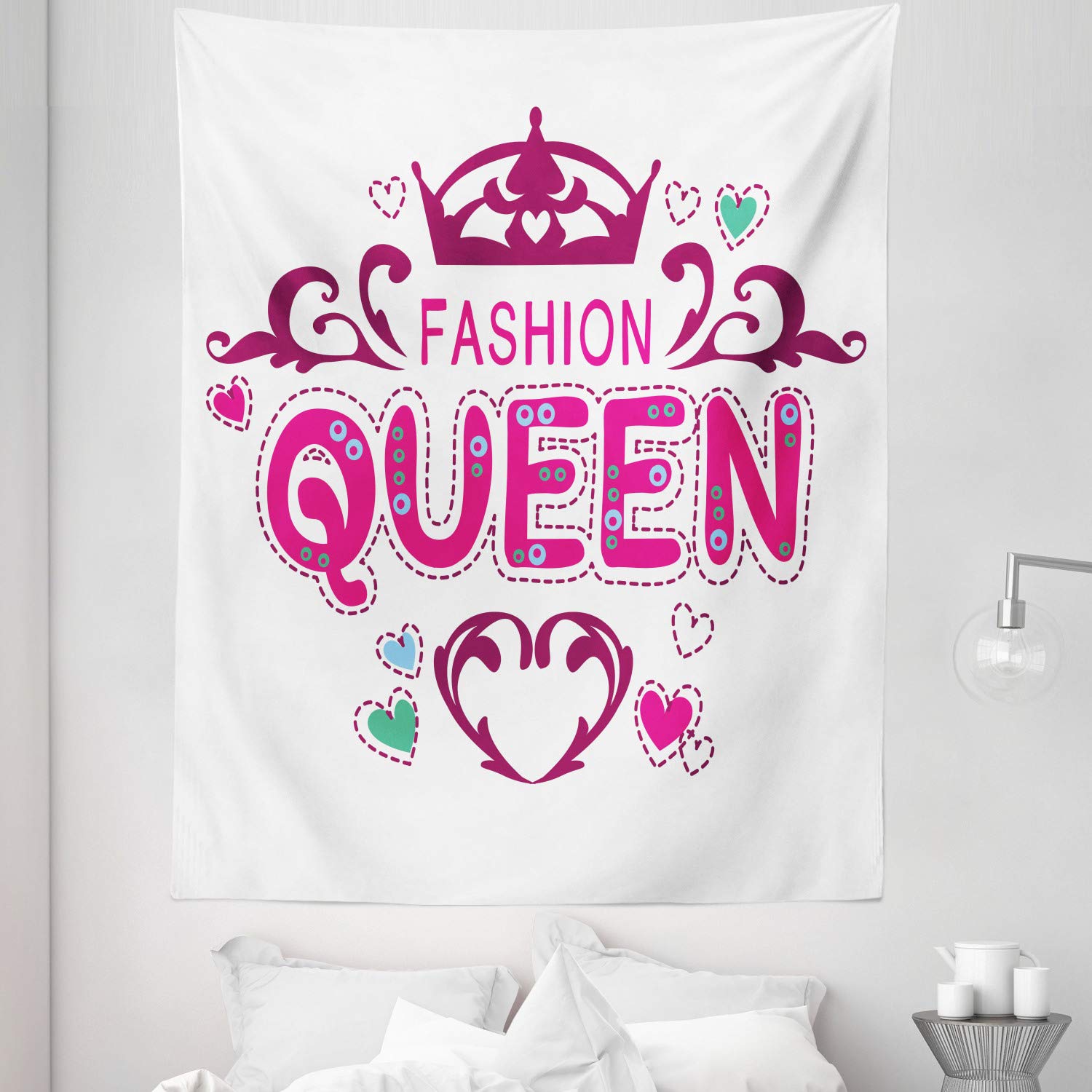 Ambesonne Queen Size Tapestry - Girlish Floral Heart Print with Fashion Lettering, 68