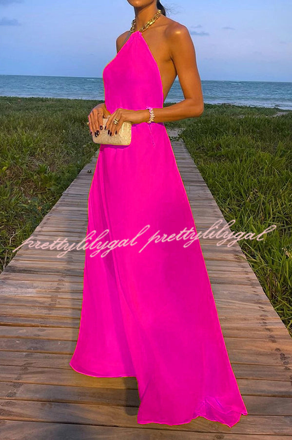Santorini Vacation Maxi Dress - Backless A-Line Halter Dress with Metal Chain Detail | Perfect for Beach Weddings, Summer Getaways & Boho Fashion