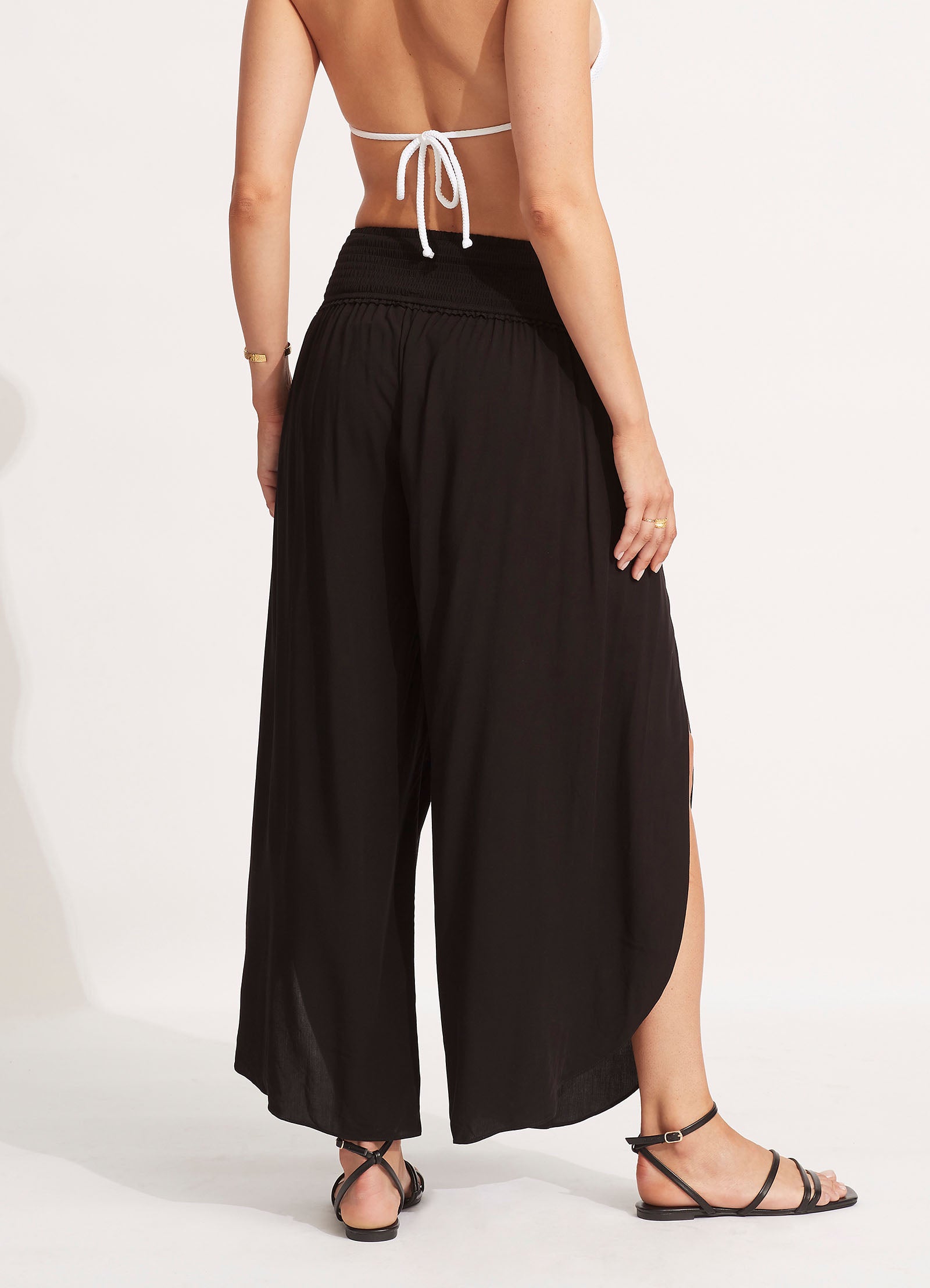 Shirred Waist Wrap Pants for Women - Stretchy High Waisted Lounge Pants in Black | Perfect for Yoga, Home Wear & Casual Outfits