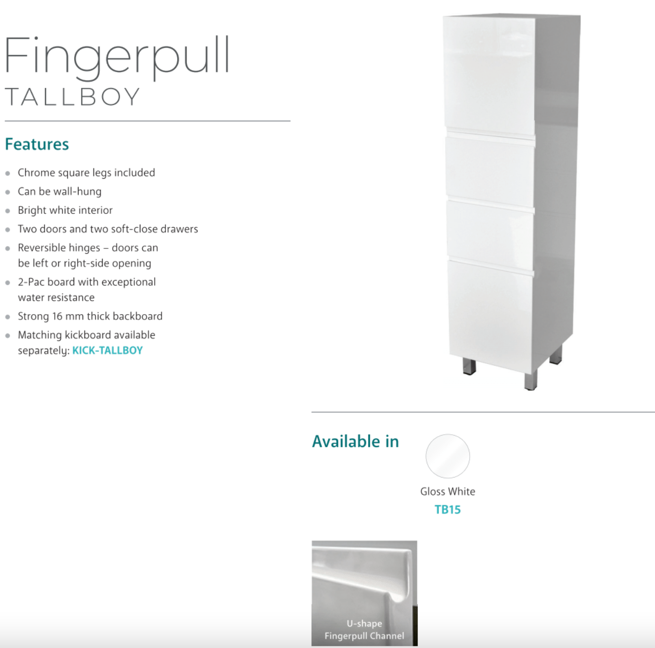 Fienza TB15 Gloss White Fingerpull Tallboy Dresser - Modern Bedroom Storage Cabinet with Smooth Gliding Drawers for Clothes & Accessories Organization | Perfect for Master Bedroom, Guest Room & Dorm Decor