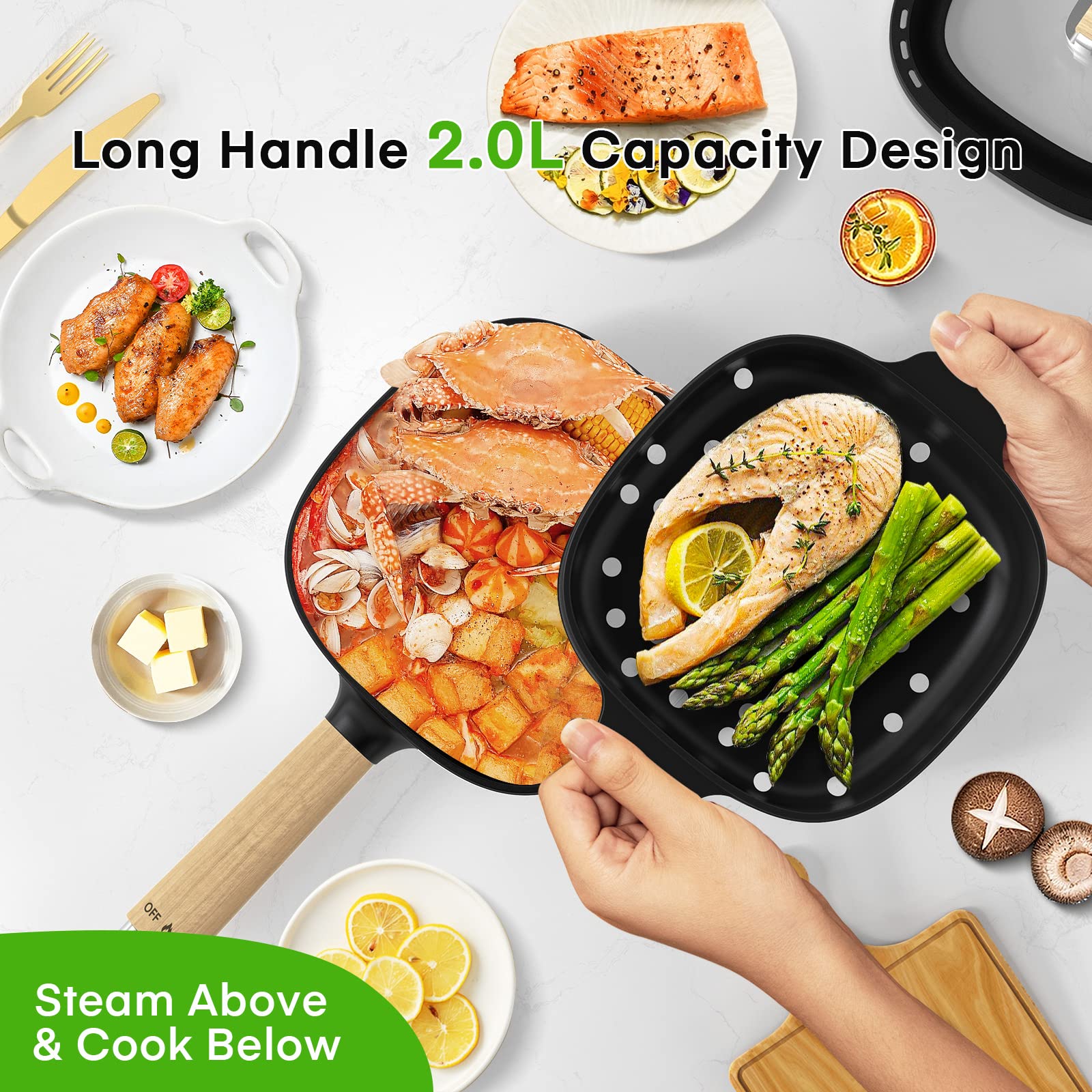 Audecook 2L Electric Hot Pot with Ceramic Non-Stick Coating, 8-Inch Portable Travel Cooker for Ramen, Steak, Fried Rice, Oatmeal & Soup - Dual Power Control & Included Silicone Spatula | Perfect for Dorm Rooms, Camping Trips & Small Kitchen Cooking