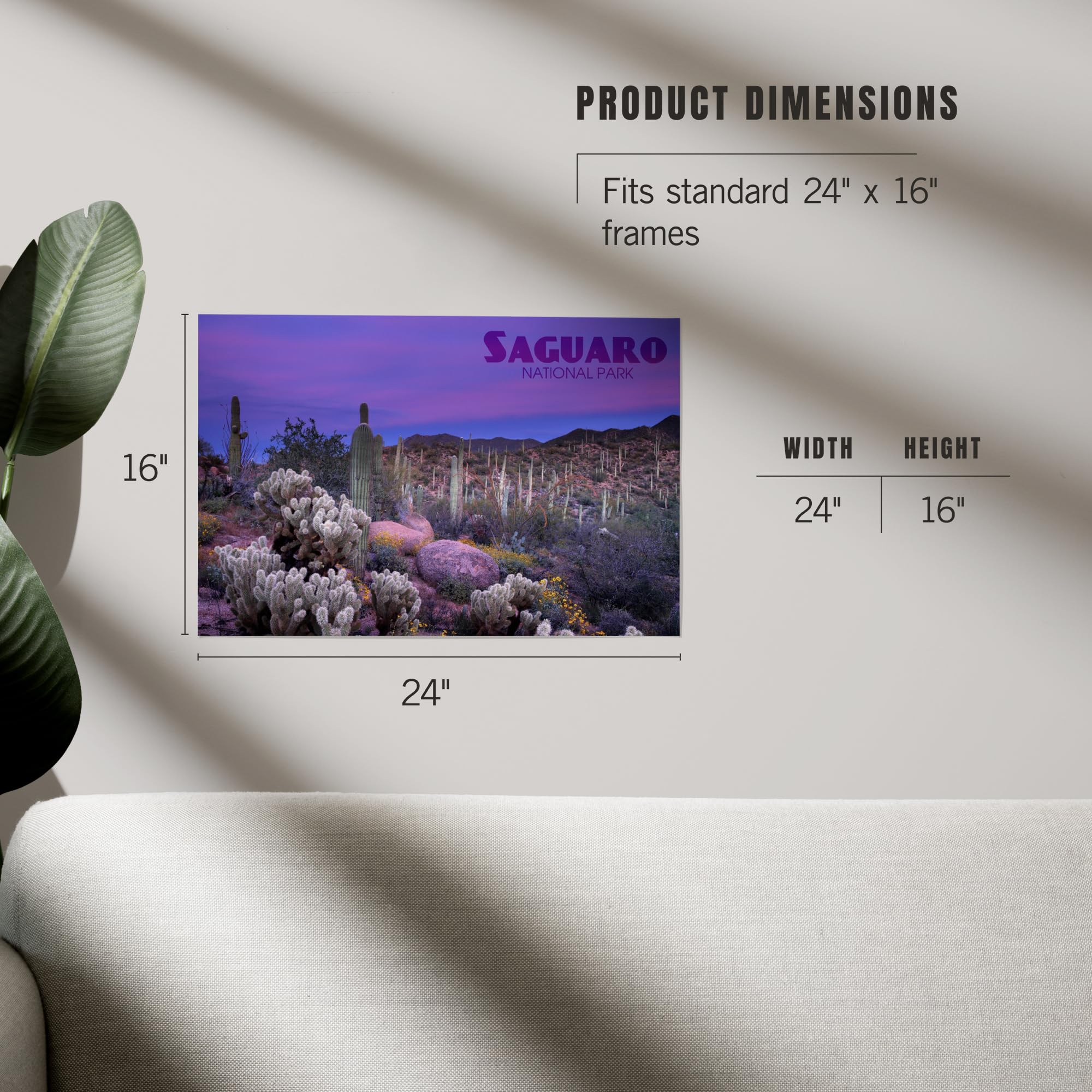 Lantern Press 16x24 Inch Giclee Art Print - Saguaro National Park Arizona Landscape with Purple Dusk - Perfect for Home Decor, Office Wall Art & Nature Lover Gifts