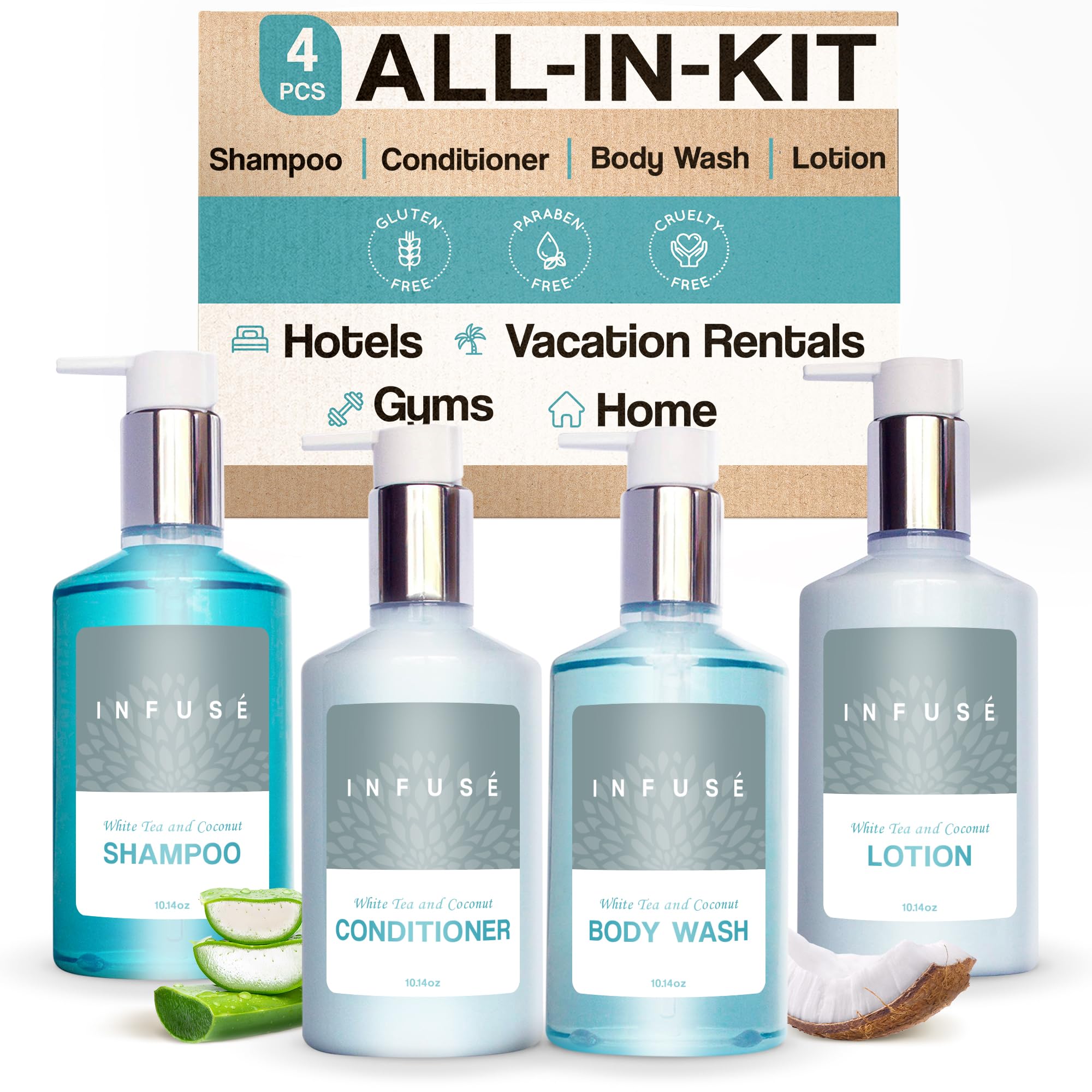 1-Shoppe Infuse 4 Piece Ecobox All-In-Kit | White Tea & Coconut Scented Soap, Shampoo, Conditioner, Body Wash & Lotion Set | 10.14 oz Travel-Size Toiletries | Bulk Hotel Amenities & Personal Care Products for Home, Gym & Vacation Use