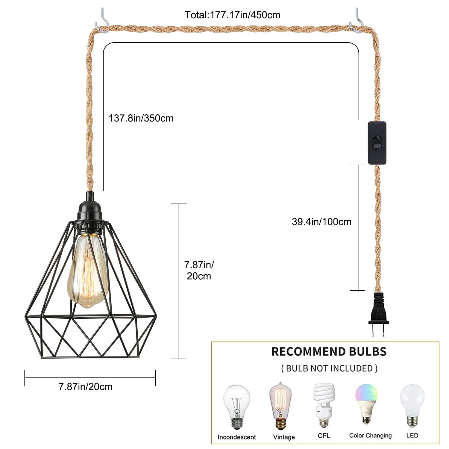 Farmhouse Plug-in Pendant Light with Hemp Rope - 15 Ft Hanging Lamp Kit with Switch & Industrial Diamond Metal Cage - Rustic Lighting for Bedroom, Living Room, Kitchen Island & Dining Room Decor