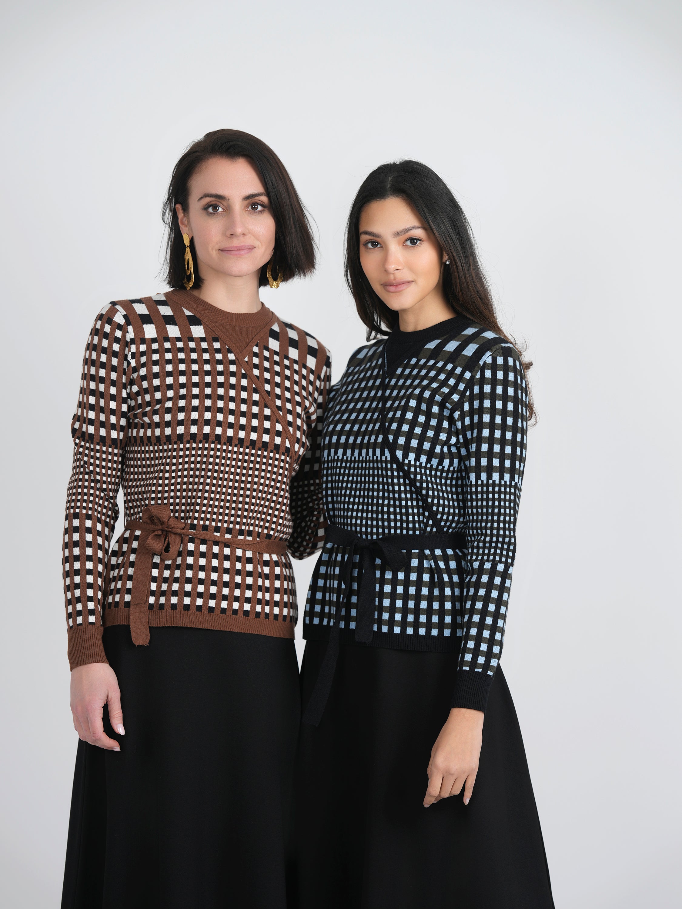 Checker Wrap Knit Mock Neck Sweater for Women - Cozy Winter Pullover with Button Detail - Perfect for Casual Outfits, Office Wear and Holiday Gatherings
